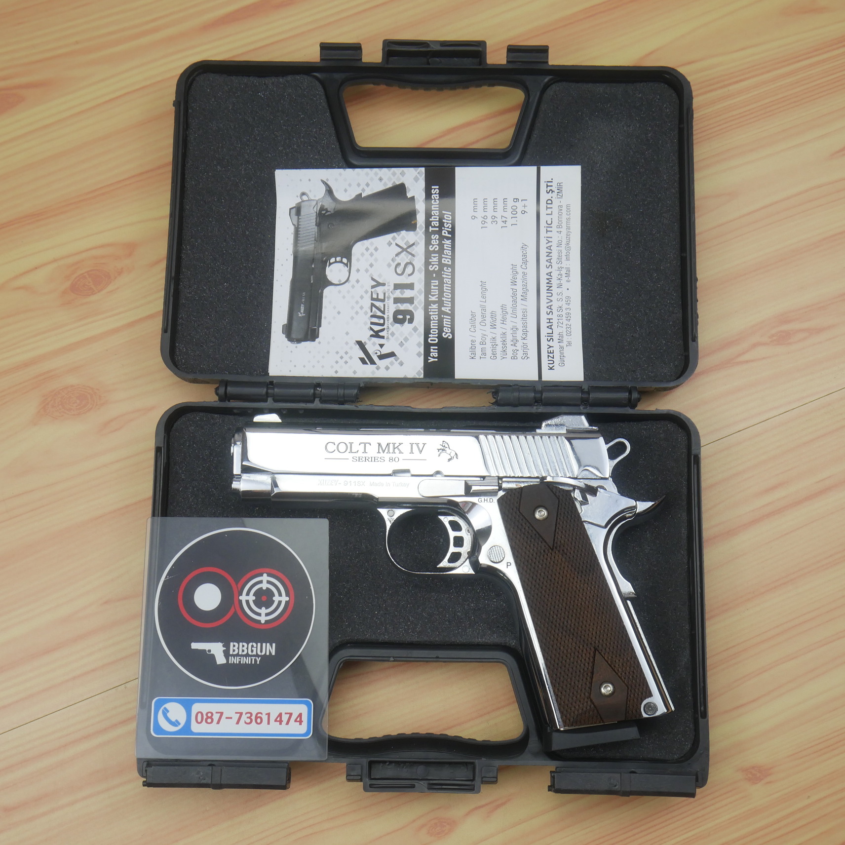 แบลงค์กัน KUZEY M1911 COLT'S MK IV SERIES 80 blank gun สีเงินเงา ลำ 4 นิ้ว ด้ามไม้