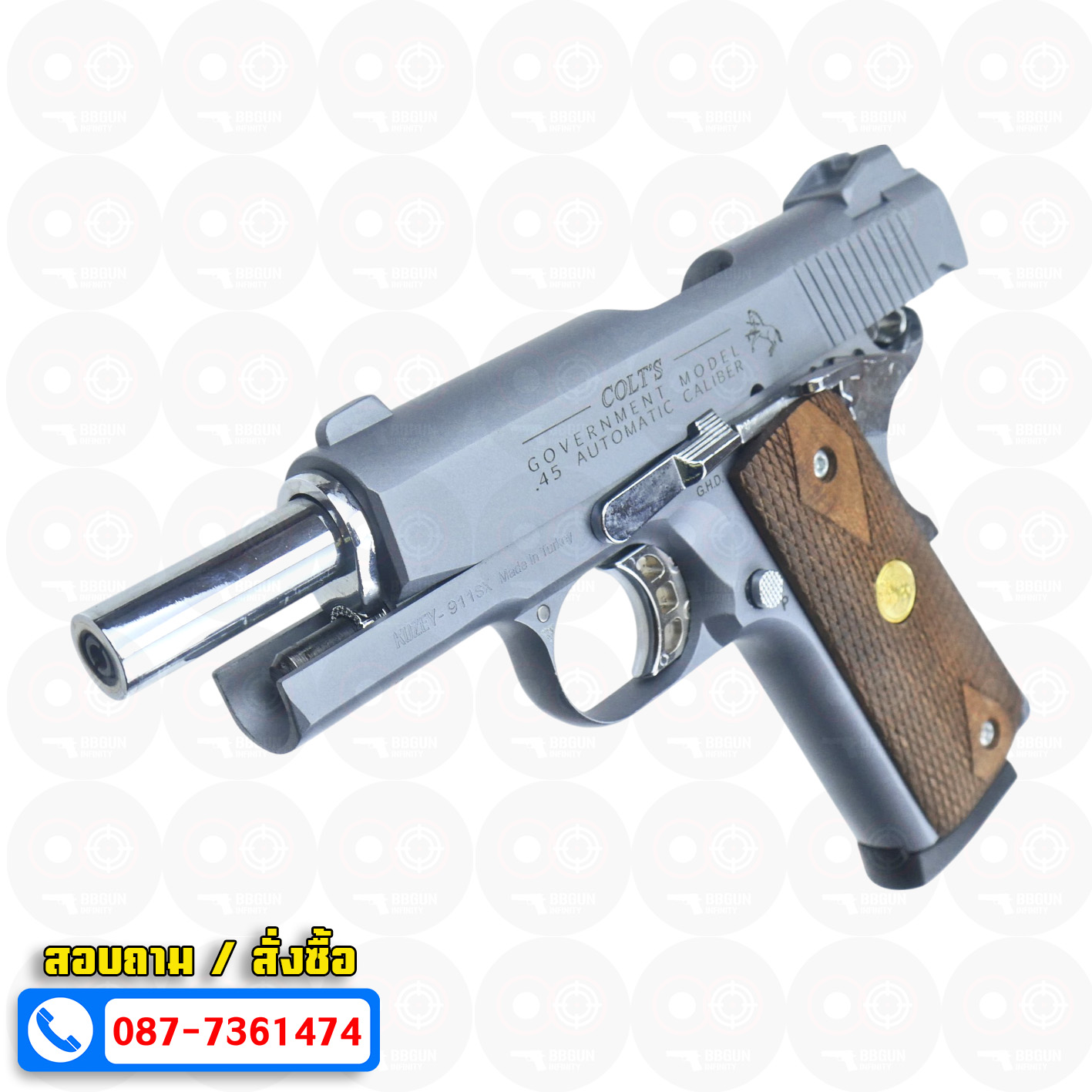แบลงค์กัน KUZEY M1911 COLT GOVERMENT 100 Year Smoke 4 นิ้ว สีสโมค blank gun ด้ามไม้