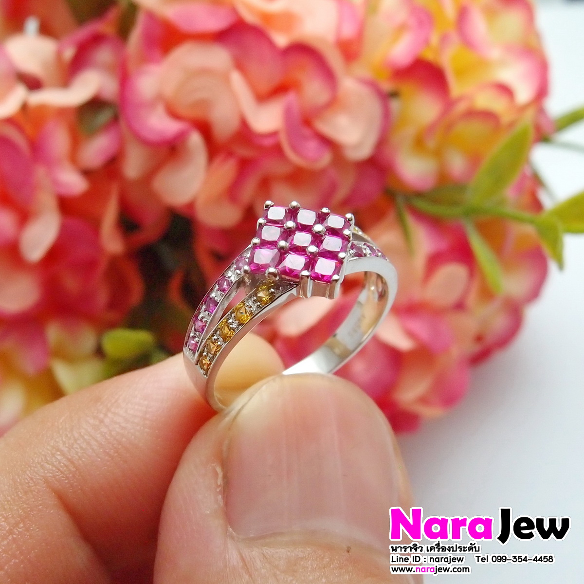 แหวนพิงค์แซฟไฟร์ Pink sapphire ประดับพลอยบุษราคัม แบบแหวนหน้ากว้างใส่เต็มนิ้ว