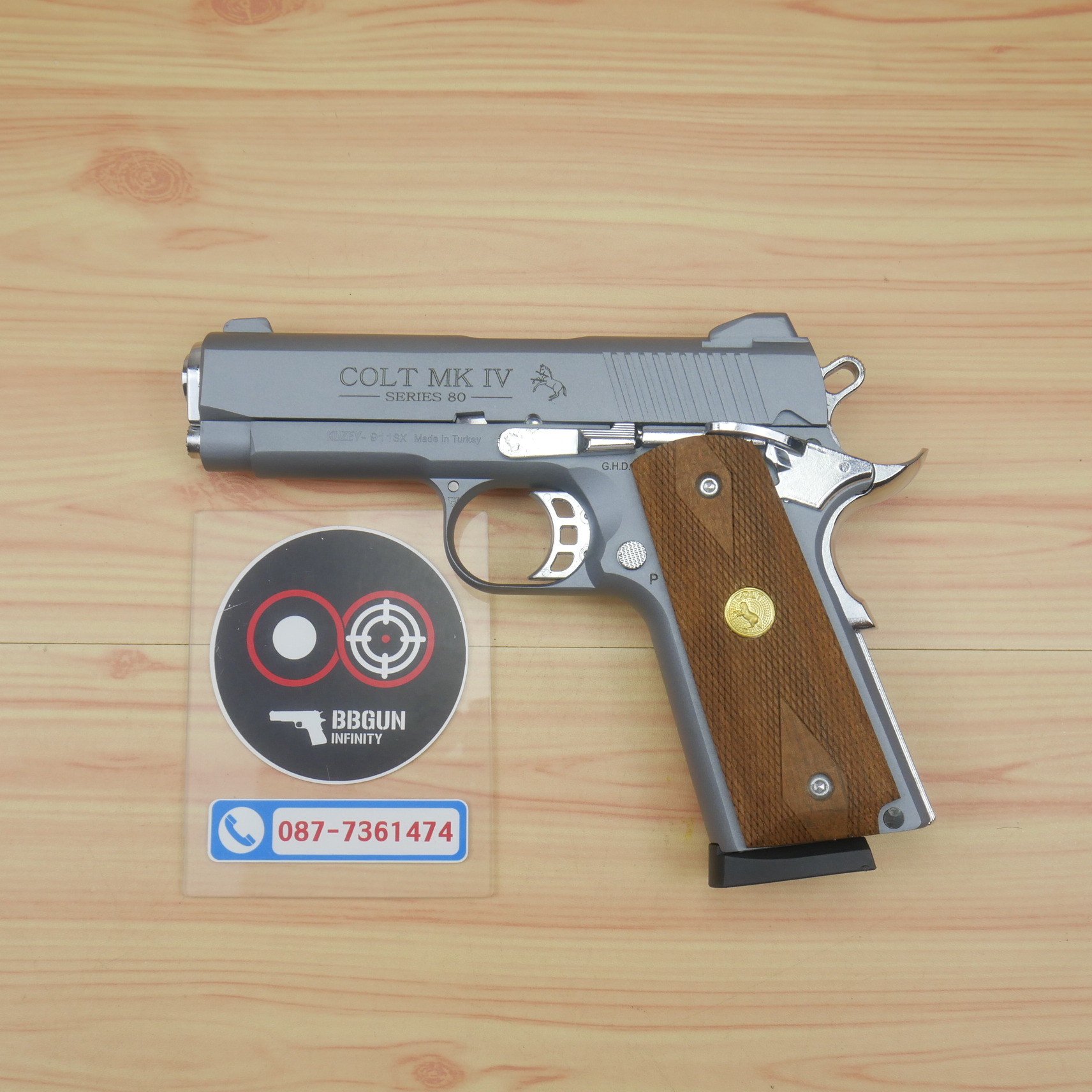 แบลงค์กัน KUZEY M1911 COLT MK IV SERIES 80 Smoke 4 นิ้ว สีสโมค ด้ามไม้ Blank Gun