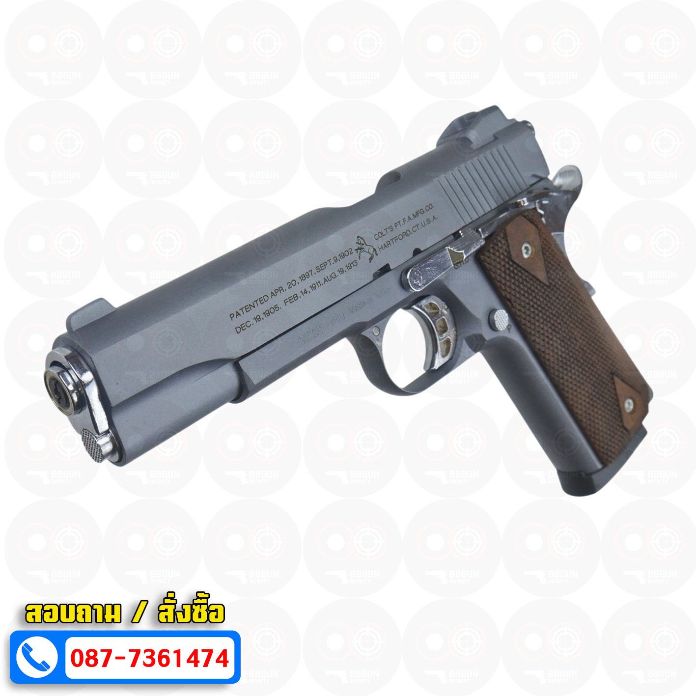 แบลงค์กัน KUZEY M1911 COLT'S 100 ปี สีสโมค ลำกล้อง 5 นิ้ว blank gun ด้ามไม้ (แถมกล่องใส่ปืน)