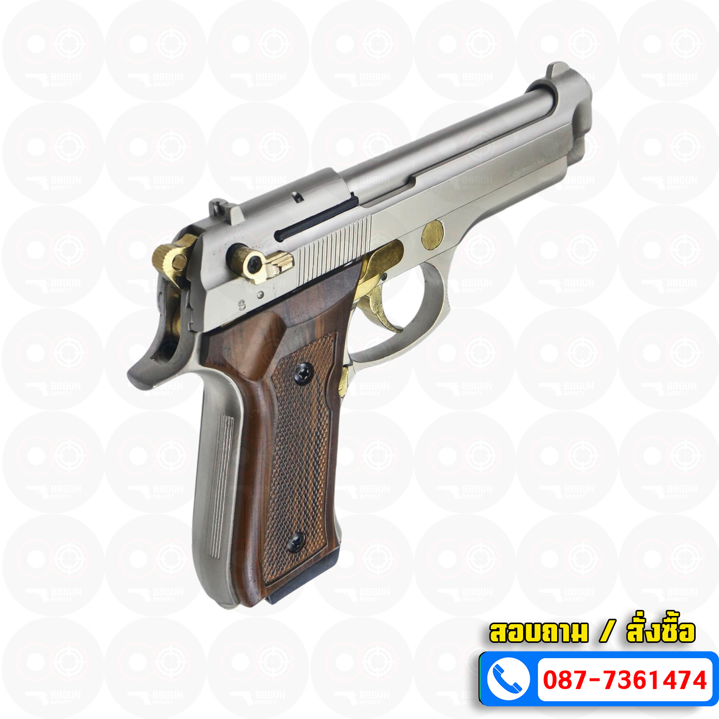 แบลงค์กัน BLOW F92 AUTO SATINA GOLDEN PARTS WOODEN GRIPS สีซาติน ไกทอง ด้ามลายไม้ Blank Gun ( 2 แม็กกาซีน + กล่องปืน )