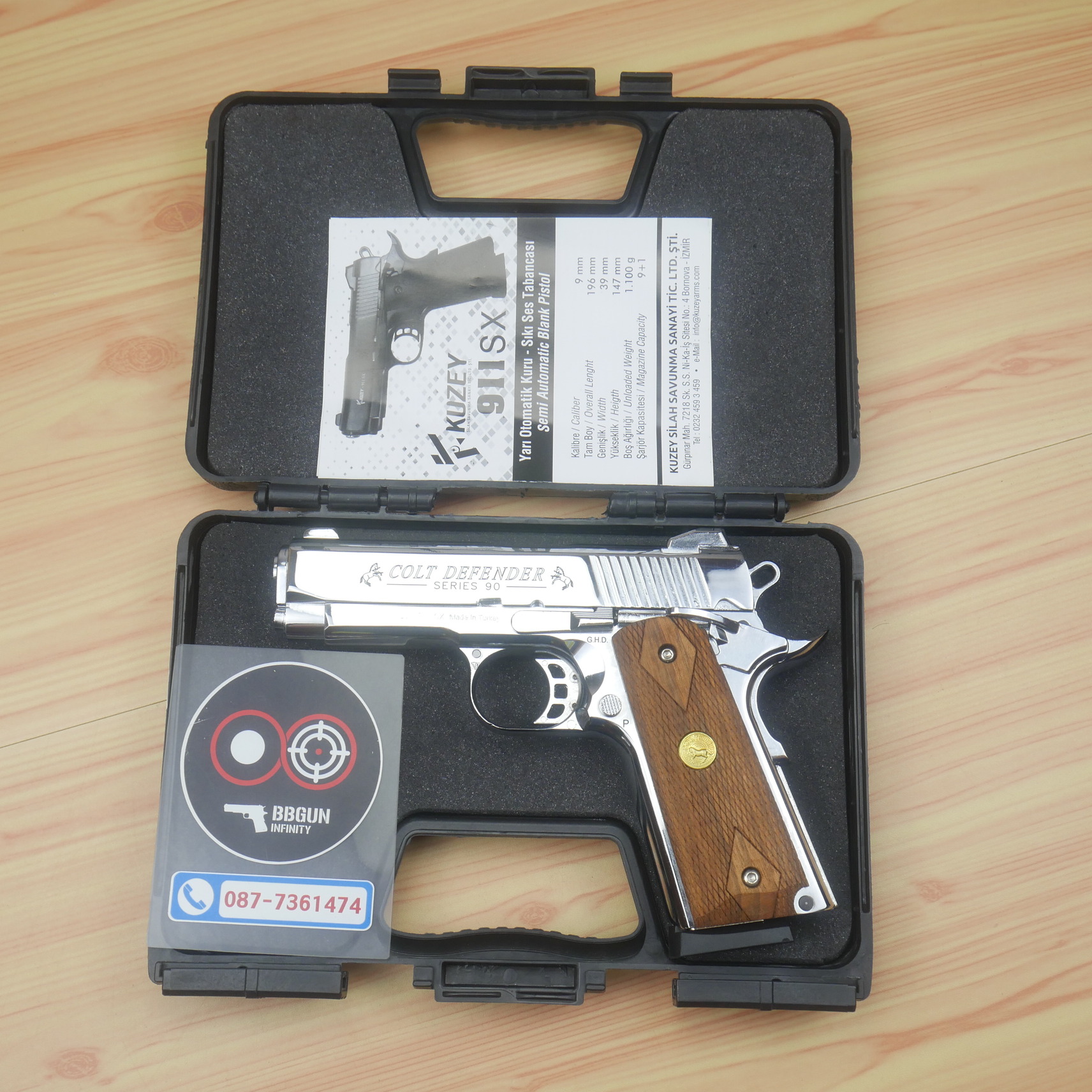 Blank Gun KUZEY M1911 COLT'S DEFENDER SERIES 90 ลำกล้อง 4 นิ้ว เงินเงา แบลงค์กัน ด้ามไม้ (แถมกล่องใส่ปืน)