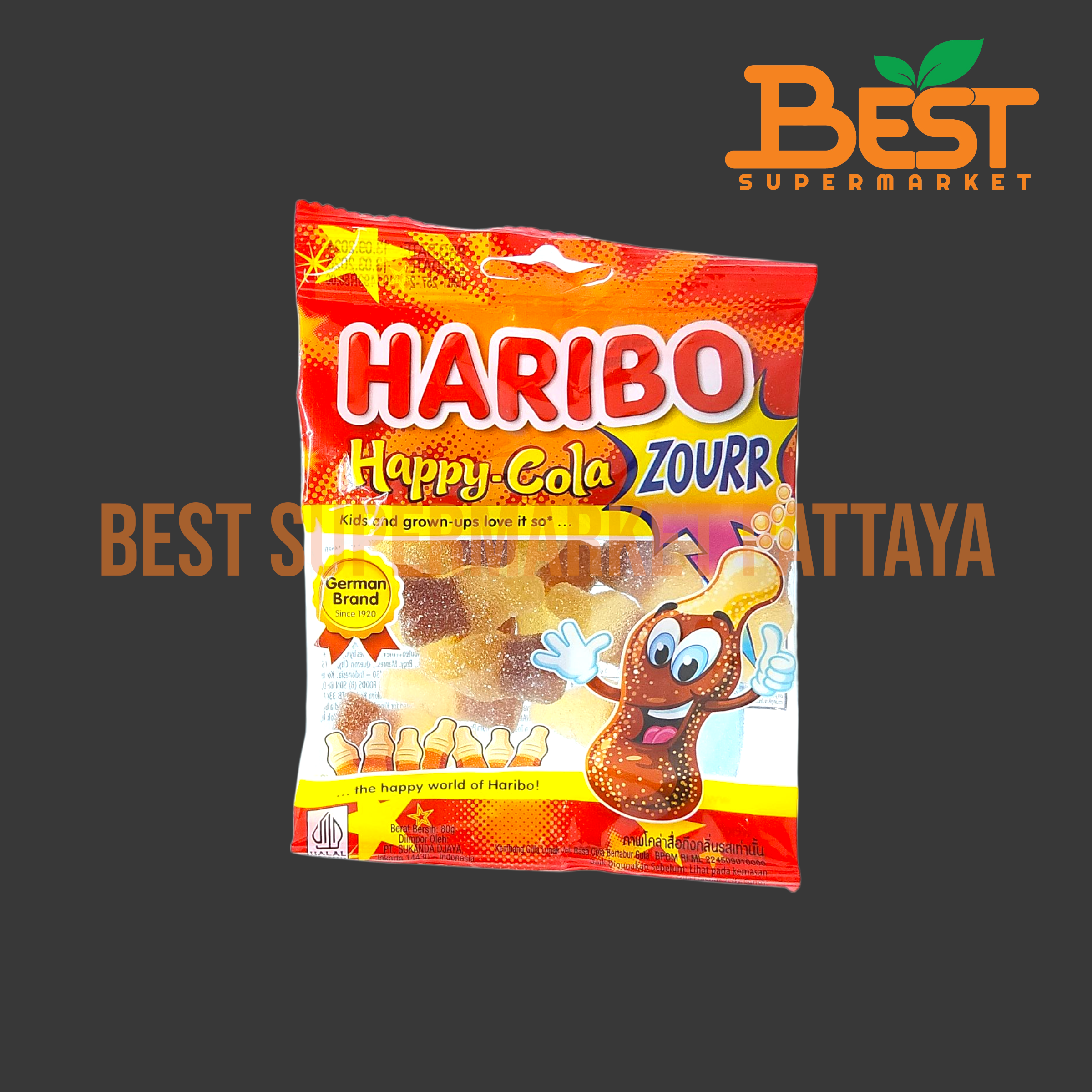 ฮาริโบ้ วุ้นเจราตินสำเร็จรูป กลิ่นโคล่า ผสมเลมอน 80 กรัม.Haribo Happy-Cola Zourr 80g.