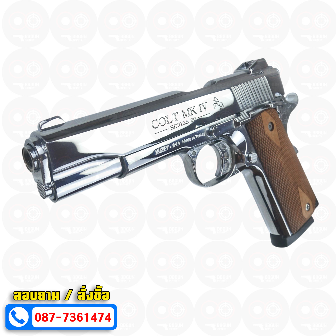 แบลงค์กัน KUZEY M1911 COLT'S MK IV SERIES 80 blank gun สีเงินเงา ลำกล้อง 5 นิ้ว ด้ามไม้