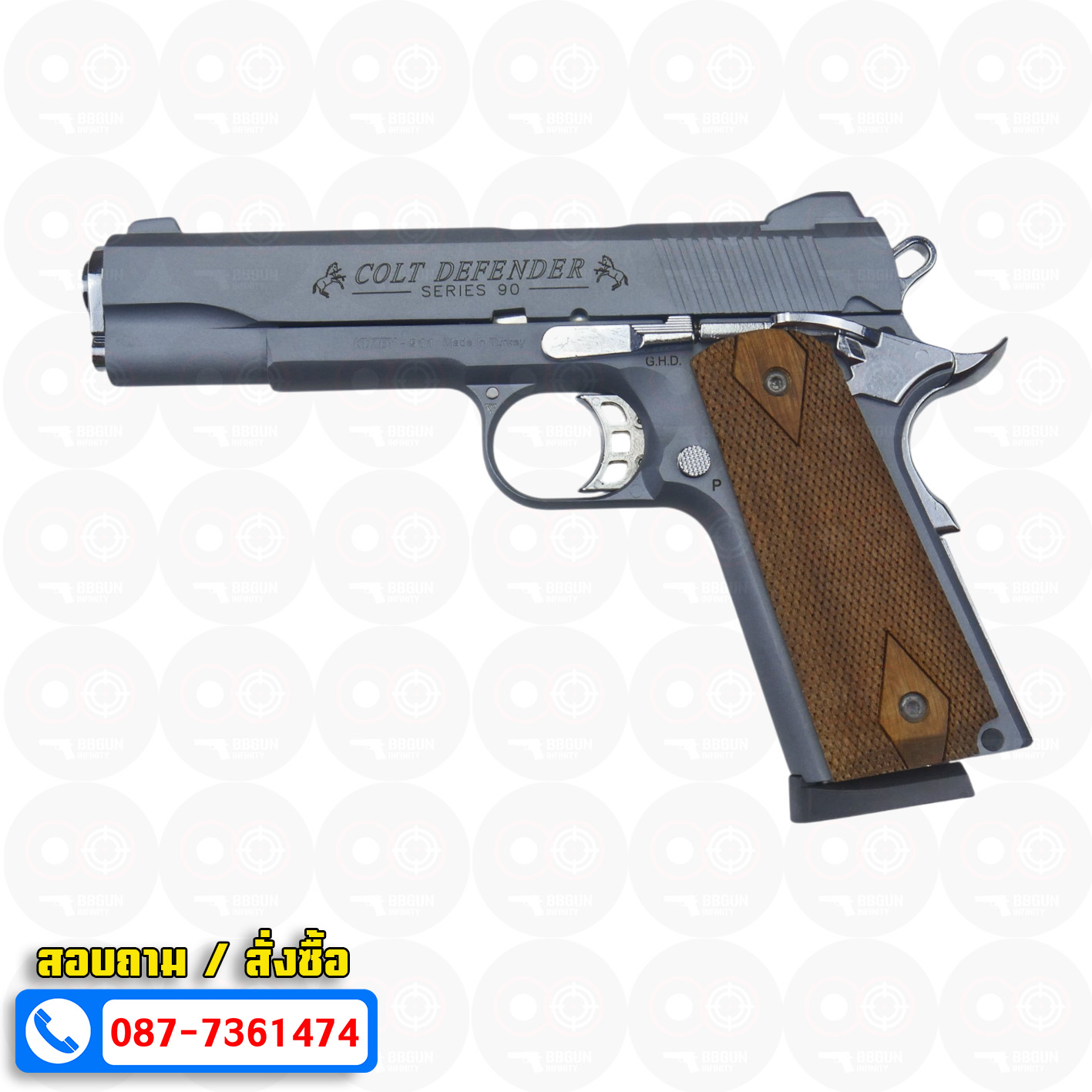 Blank Gun KUZEY M1911 COLT'S DEFENDER SERIES 90 ลำกล้อง 5 นิ้ว สีสโมค แบลงค์กัน ด้ามไม้ (แถมกล่องใส่ปืน)