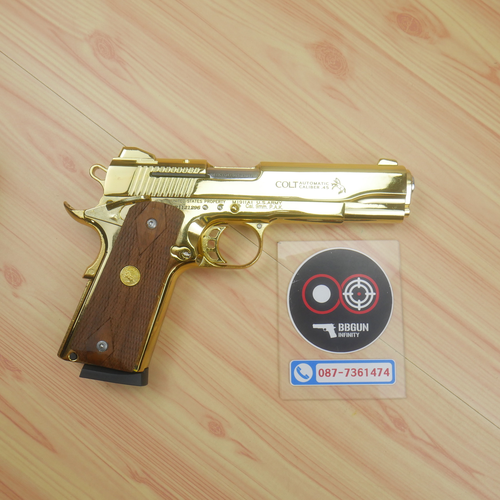 แบลงค์กัน KUZEY M1911 ลำ 5 นิ้ว COLT'S MK IV SERIES'70 blank gun สีทอง ด้ามไม้