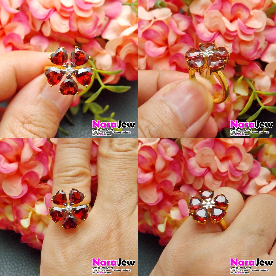 แหวนพลอยโกเมน รูปหัวใจ ประดับเพชรแท้ แบบแหวนหน้ากว้าง ใส่สวยเต็มนิ้ว