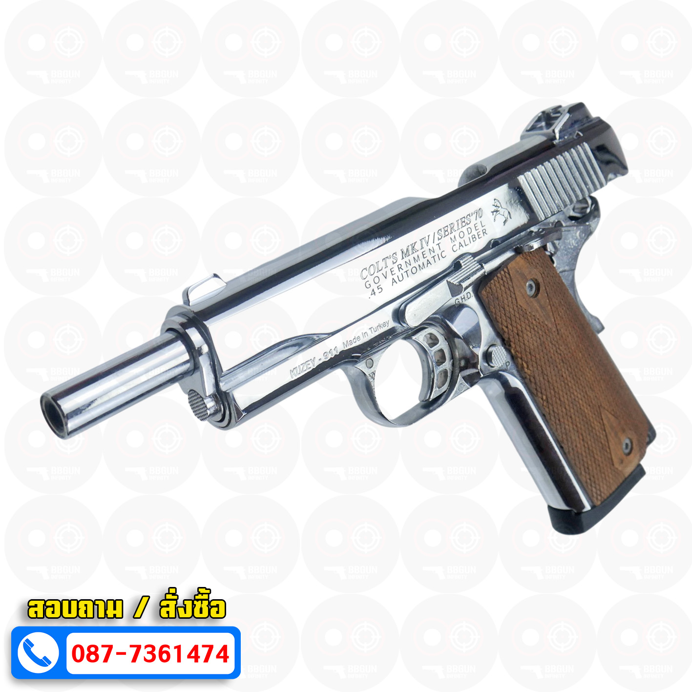 แบลงค์กัน KUZEY M1911 COLT MK IV SR70 สีเงินเงา 5 นิ้ว ด้ามไม้ blank gun