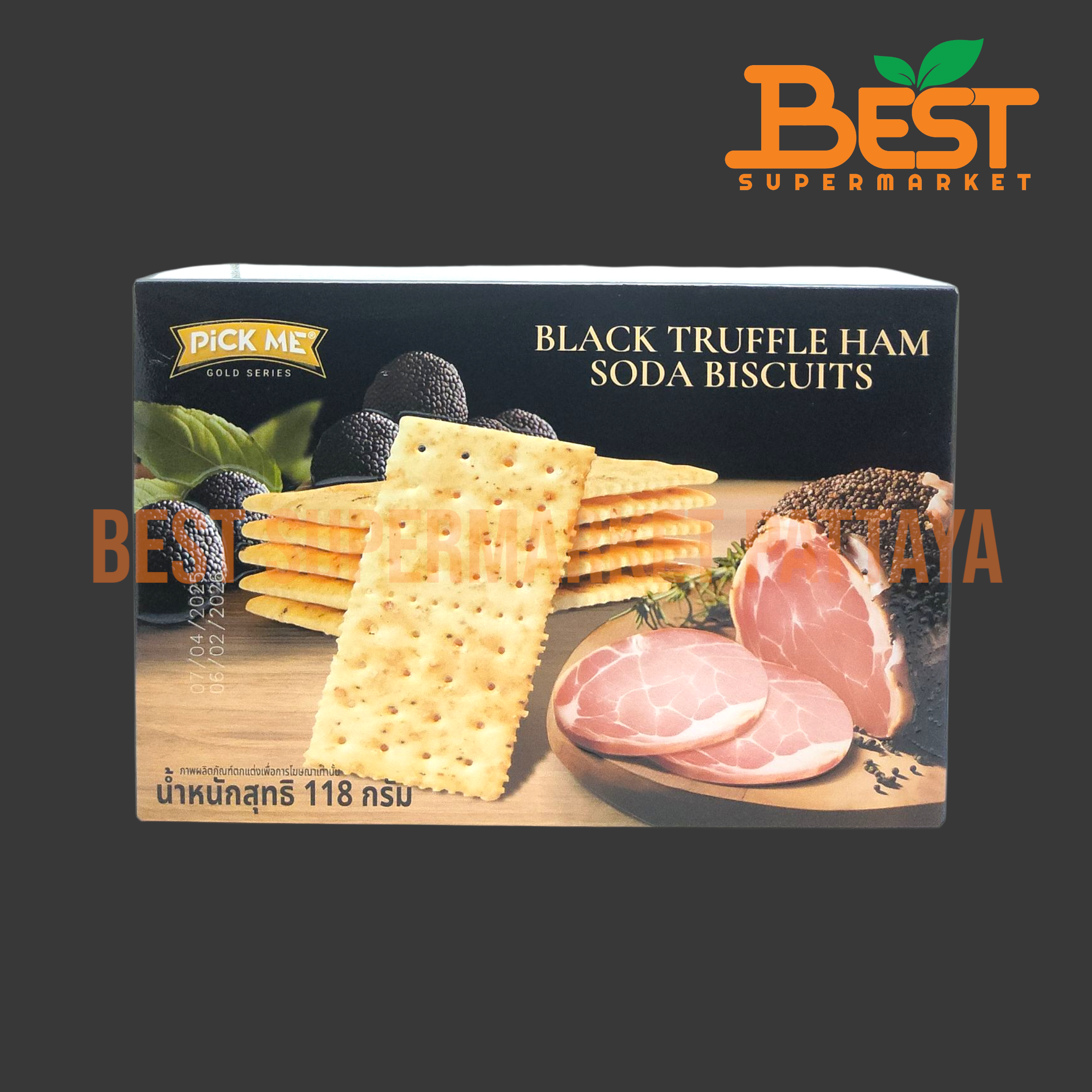 พิคมี บิสกิต รสแฮมและเห็ดทรัฟเฟิล 118 กรัม. Pick-Me Brand.Black Truffle Ham Soda Biscuits. 118 g.