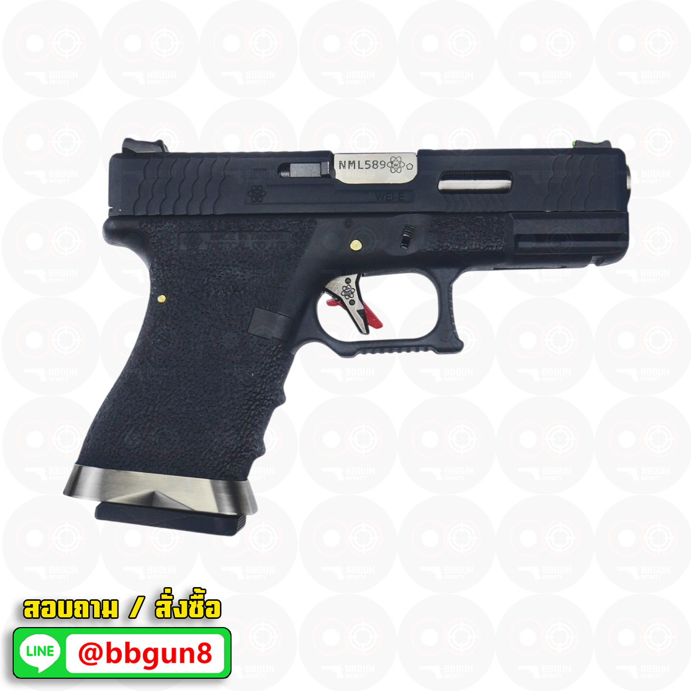 บีบีกันอัดแก๊ส WE Glock 19 G-Force T5 เฟรมดำ สไลด์ดำ ท่อเงิน BB GUN