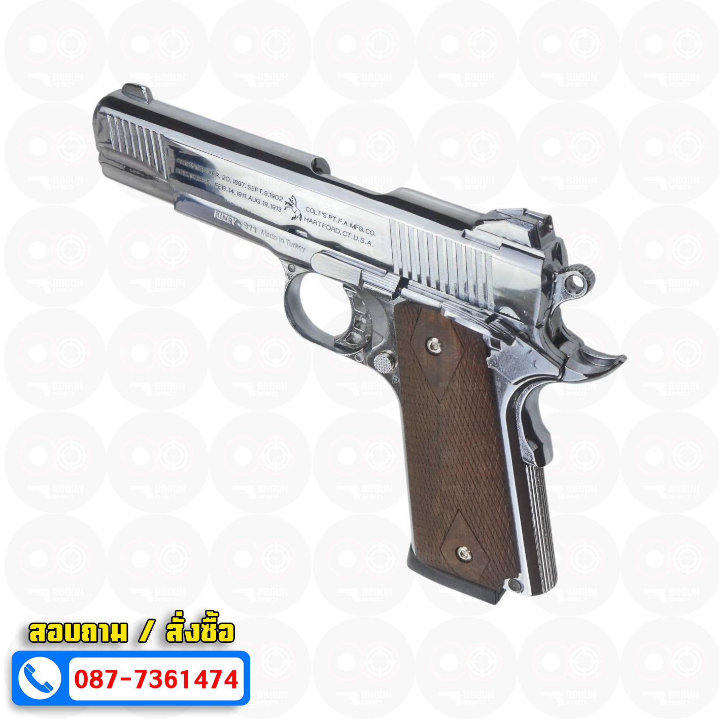 แบลงค์กัน KUZEY M1911 COLT'S 100 ปี สีเงินเงา 5 นิ้ว ด้ามไม้ blank gun