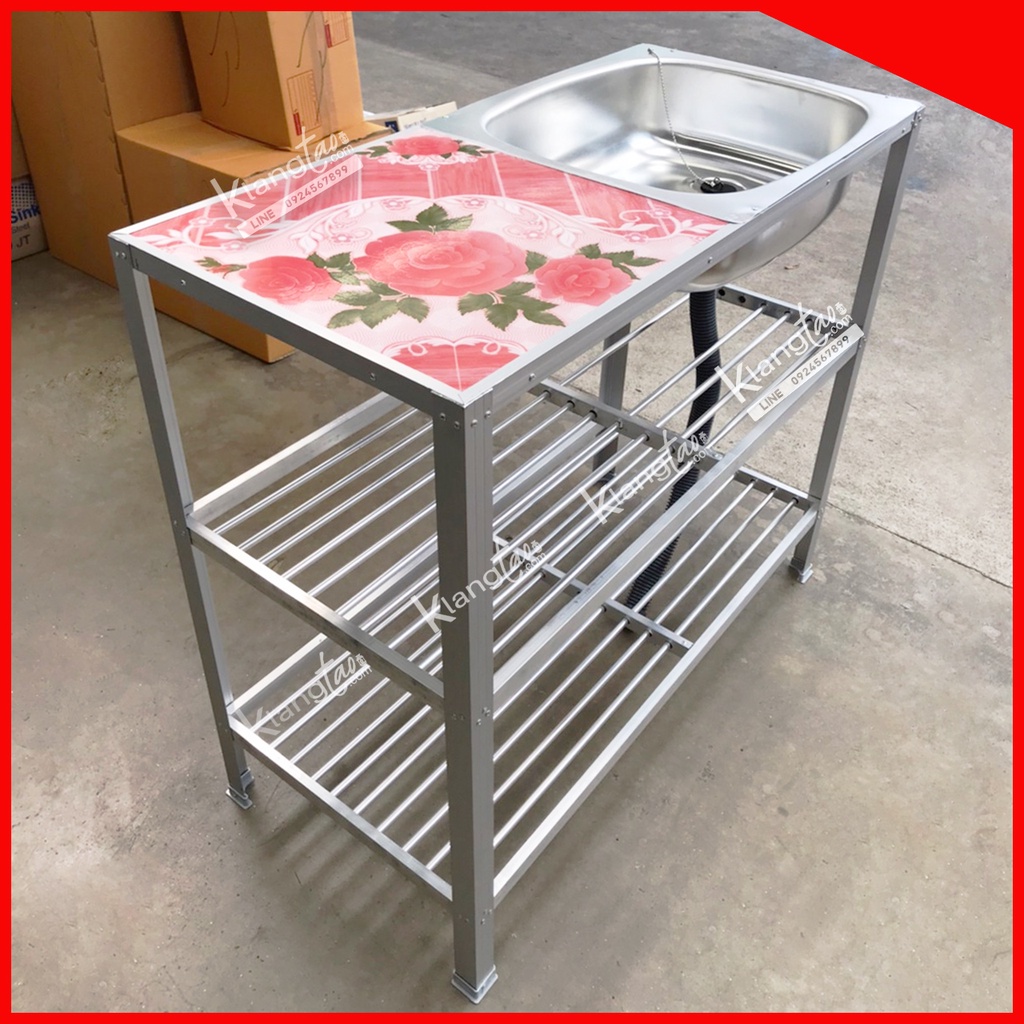 Diamond อ่างล้างจาน ตราเพชร 41x89x81 ซม. (1หลุม 2 ชั้น) ด้านข้างกระเบื้อง | ซิงค์อลูมิเนียม (เลือกก๊อกน้ำได้)