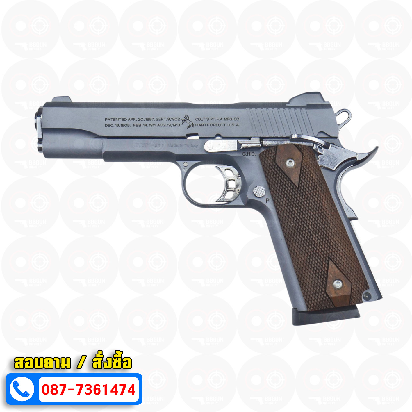 แบลงค์กัน KUZEY M1911 COLT'S 100 ปี สีสโมค ลำกล้อง 5 นิ้ว blank gun ด้ามไม้ (แถมกล่องใส่ปืน)