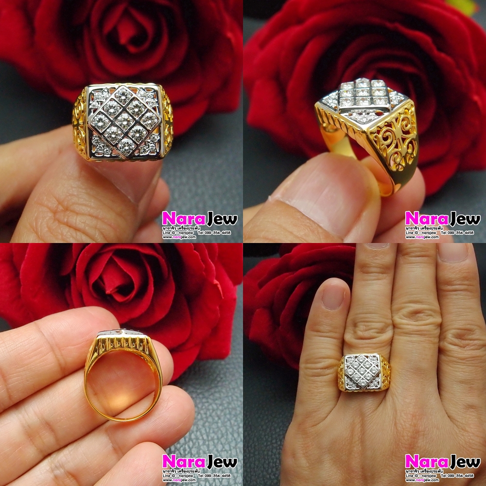 แหวนเพชรชาย ประดับเพชรแท้ 0.84 กะรัต บ่าข้างงานฉลุลาย ใส่แล้วดูภูมิฐาน