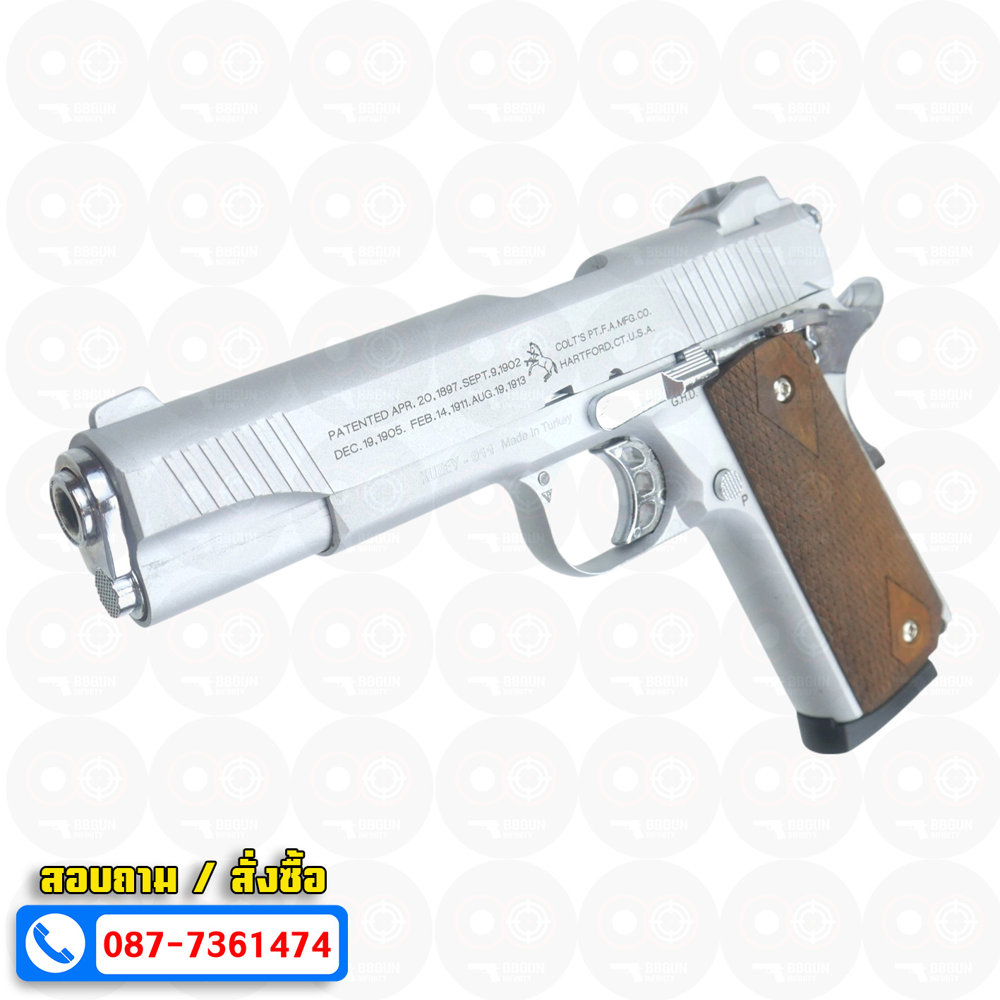 แบลงค์กัน KUZEY M1911 COLT'S 100 ปี สีเงินด้าน 5 นิ้ว ด้ามไม้ blank gun