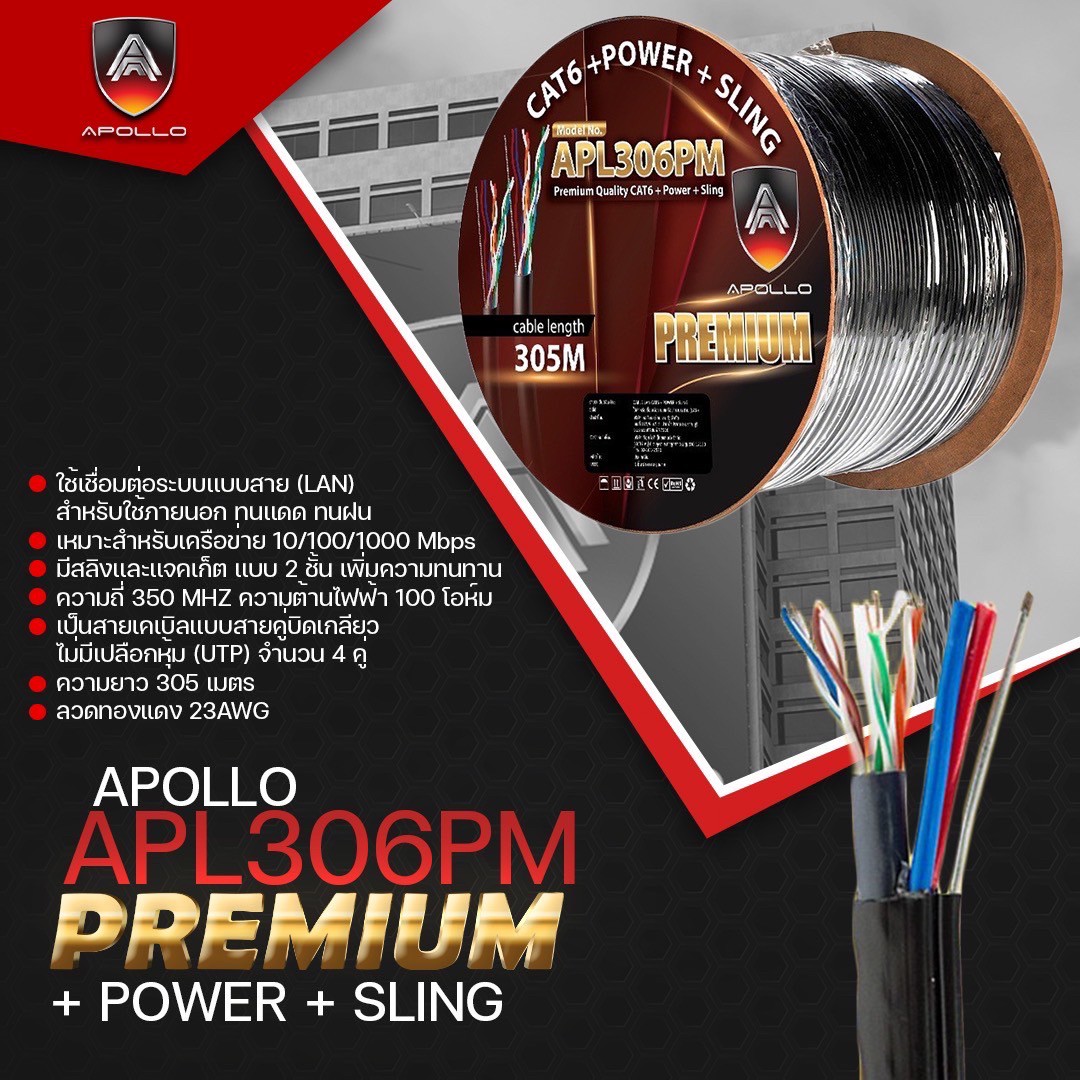 Apollo สายLAN CAT6 UTP รุ่น APL306PM-Premium Lan+Power line+sling 305m.