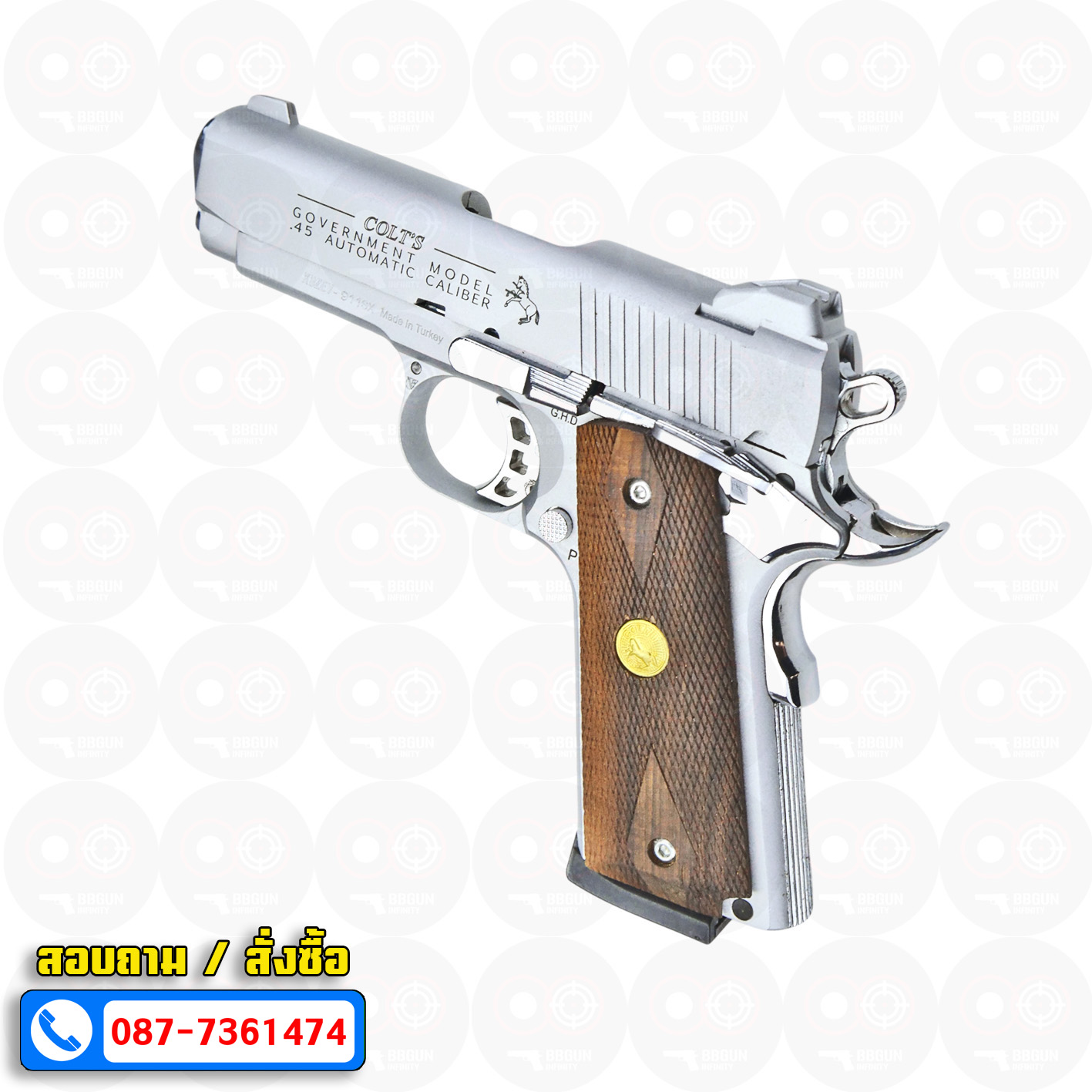 Blank Gun KUZEY Colt Government 100 Years ลํากล้อง 4 นิ้ว เงินด้าน แบลงค์กัน ด้ามไม้ (แถมกล่องใส่ปืน)