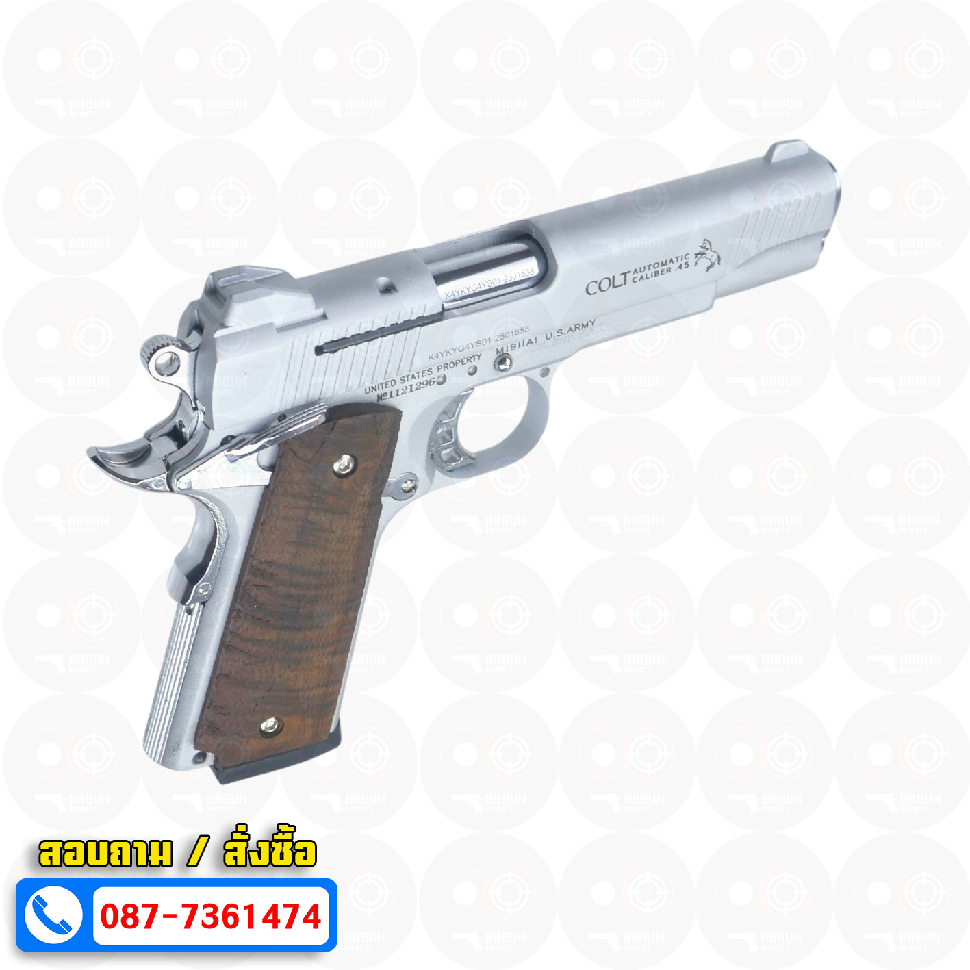 แบลงค์กัน KUZEY M1911 COLT'S DEFENDER SERIES 90 สีเงินด้าน 5 นิ้ว ด้ามไม้ Blank Gun