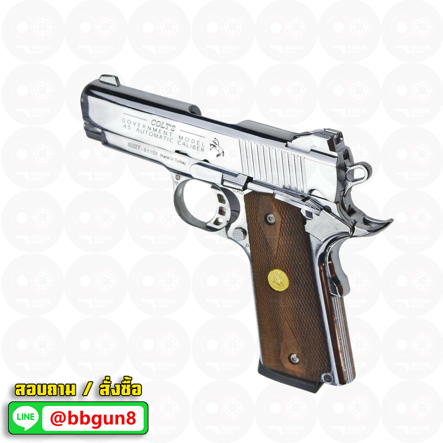 Blank Gun KUZEY M1911 Colt Government 100 Years ลํากล้อง 4 นิ้ว เงินเงา แบลงค์กัน ด้ามไม้ (แถมกล่องใส่ปืน)