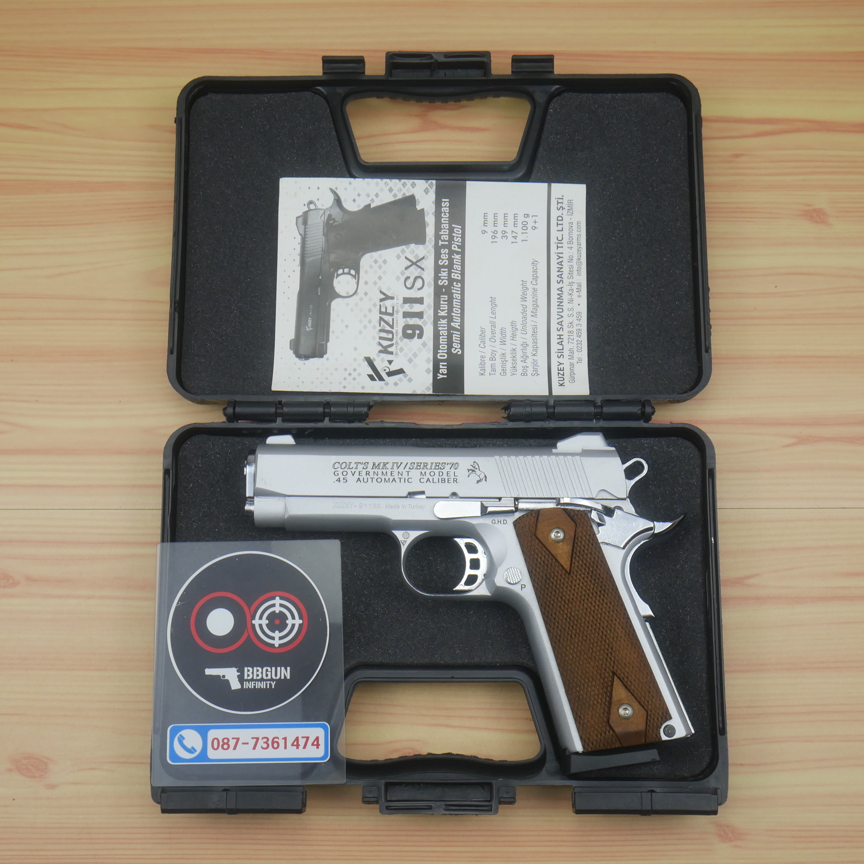 แบลงค์กัน KUZEY M1911 COLT MK IV SR70 สีเงินด้าน 4 นิ้ว ด้ามไม้ blank gun