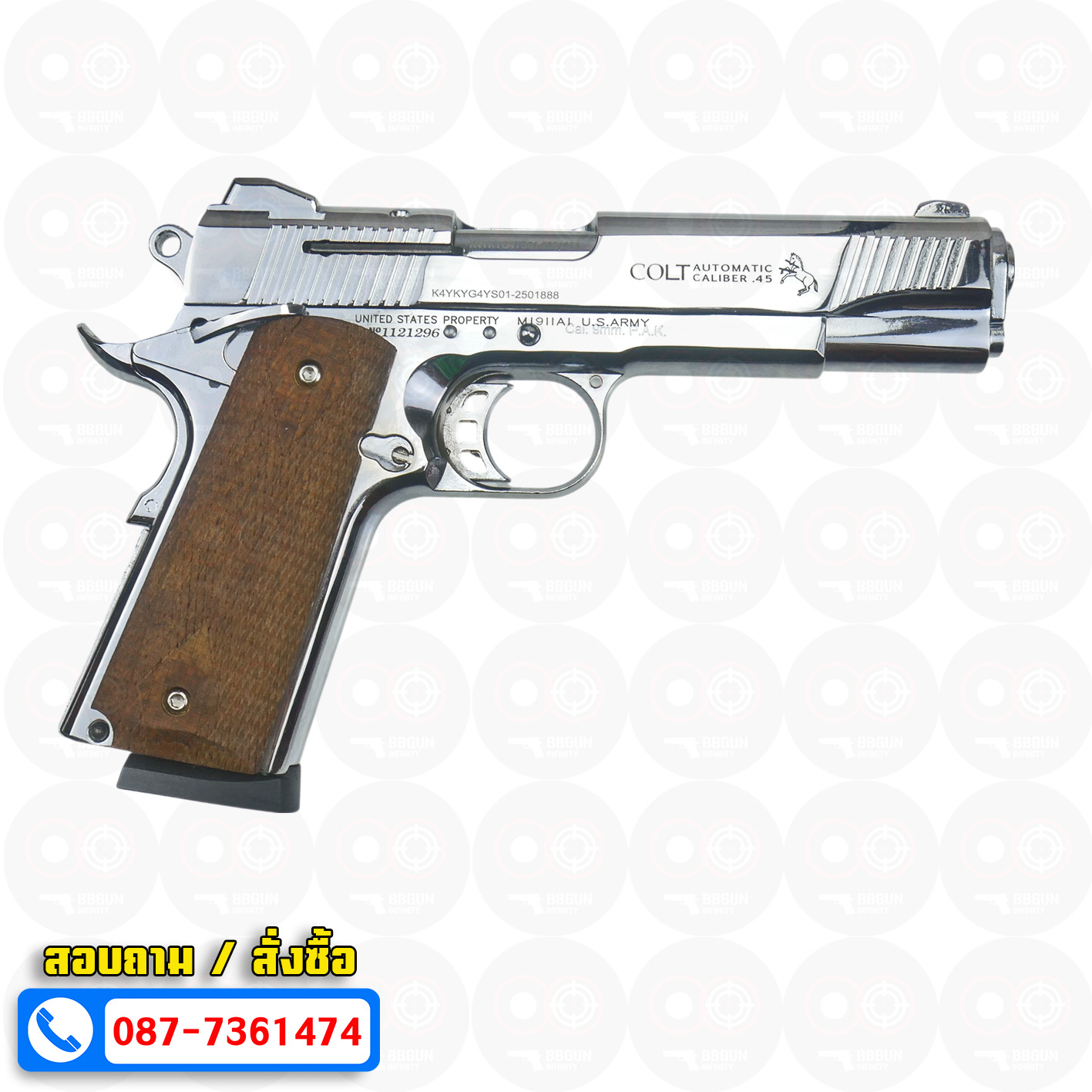 แบลงค์กัน KUZEY M1911 COLT MK IV SERIES 80 สีเงินเงา 5 นิ้ว ด้ามไม้ Blank Gun
