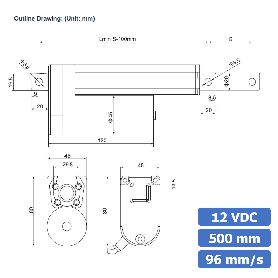 ZGB800F มอเตอร์ก้านชัก ระยะชัก 500mm 96mm/s 12VDC 200N Electric Linear Actuator Putter DC Stroke Length 500mm ZHENGKE พัตเตอร์ไฟฟ้า