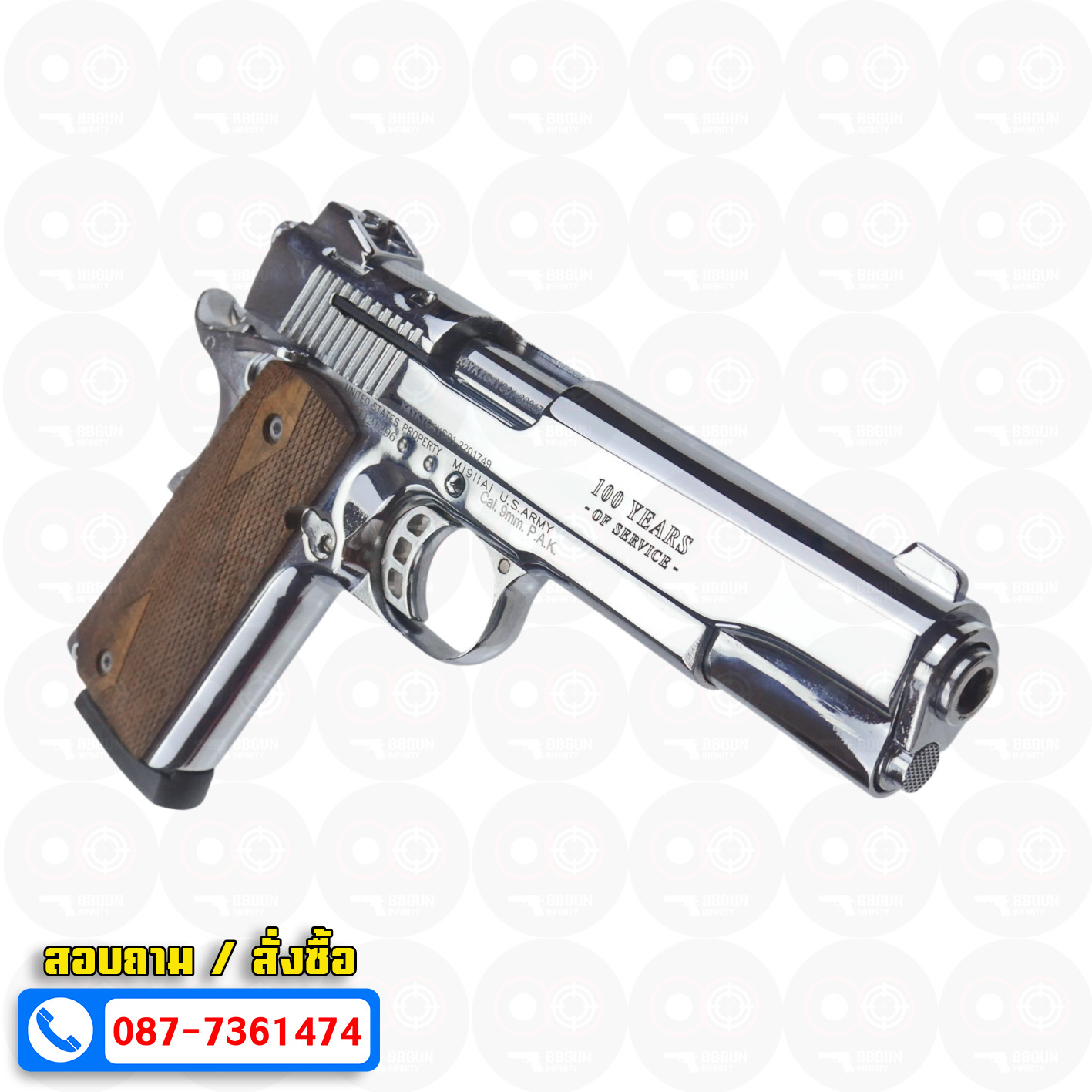 แบลงค์กัน KUZEY M1911 COLT'S 100 ปี สีเงินเงา ลำกกล้อง 5 นิ้ว blank gun ด้ามไม้