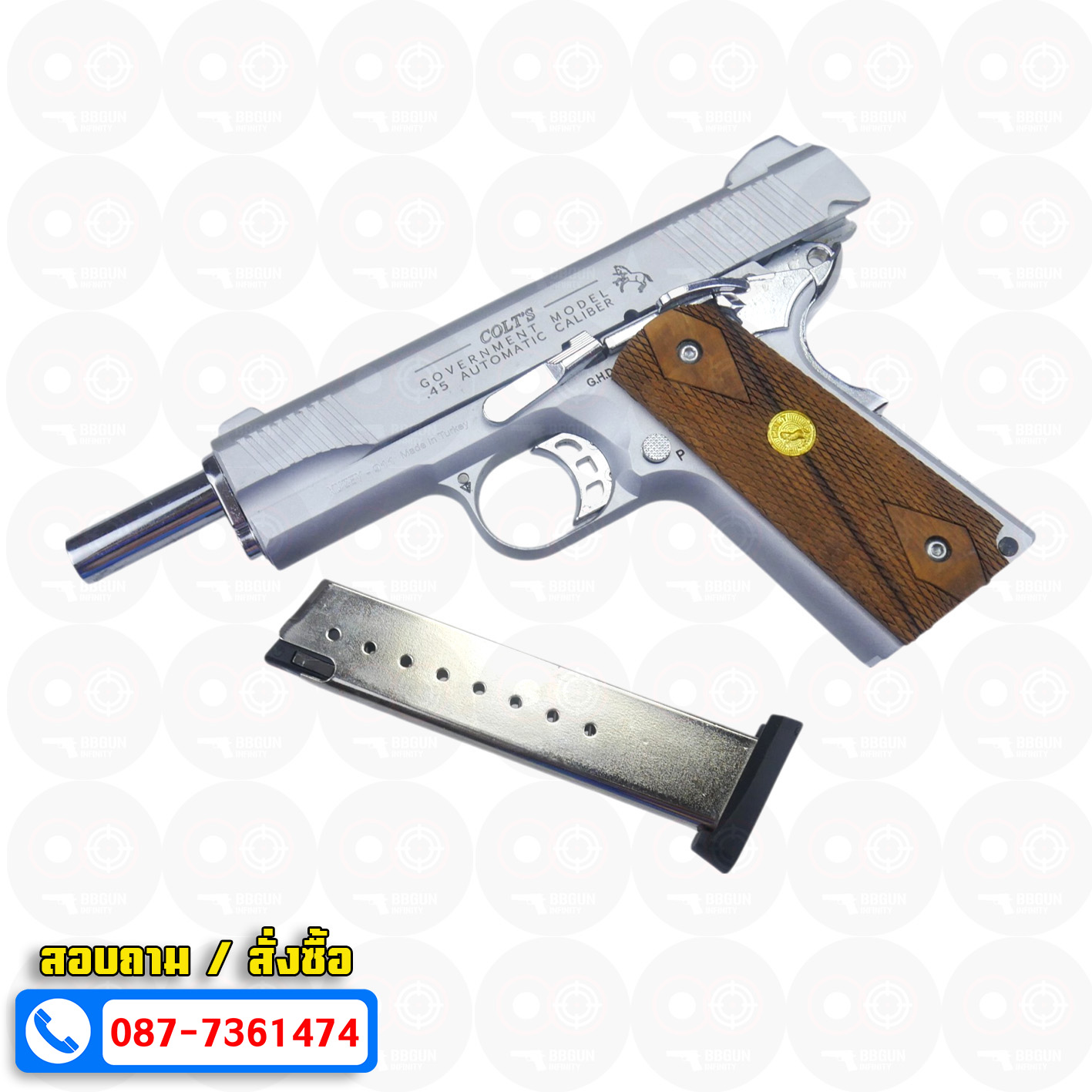 แบลงค์กัน KUZEY M1911 ลำกล้อง 5 นิ้ว COLT GOVERMENT 100 Year สีเงินด้าน blank gun ด้ามไม้ (แถมกล่องใส่ปืน)