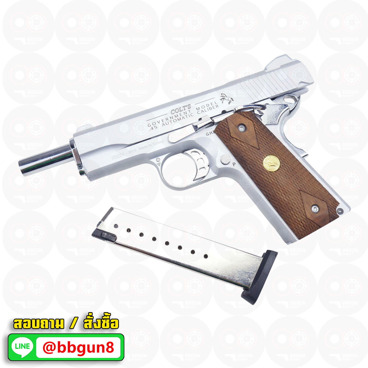 แบลงค์กัน KUZEY M1911 ลำกล้อง 5 นิ้ว COLT GOVERMENT 100 Year สีเงินด้าน blank gun ด้ามไม้