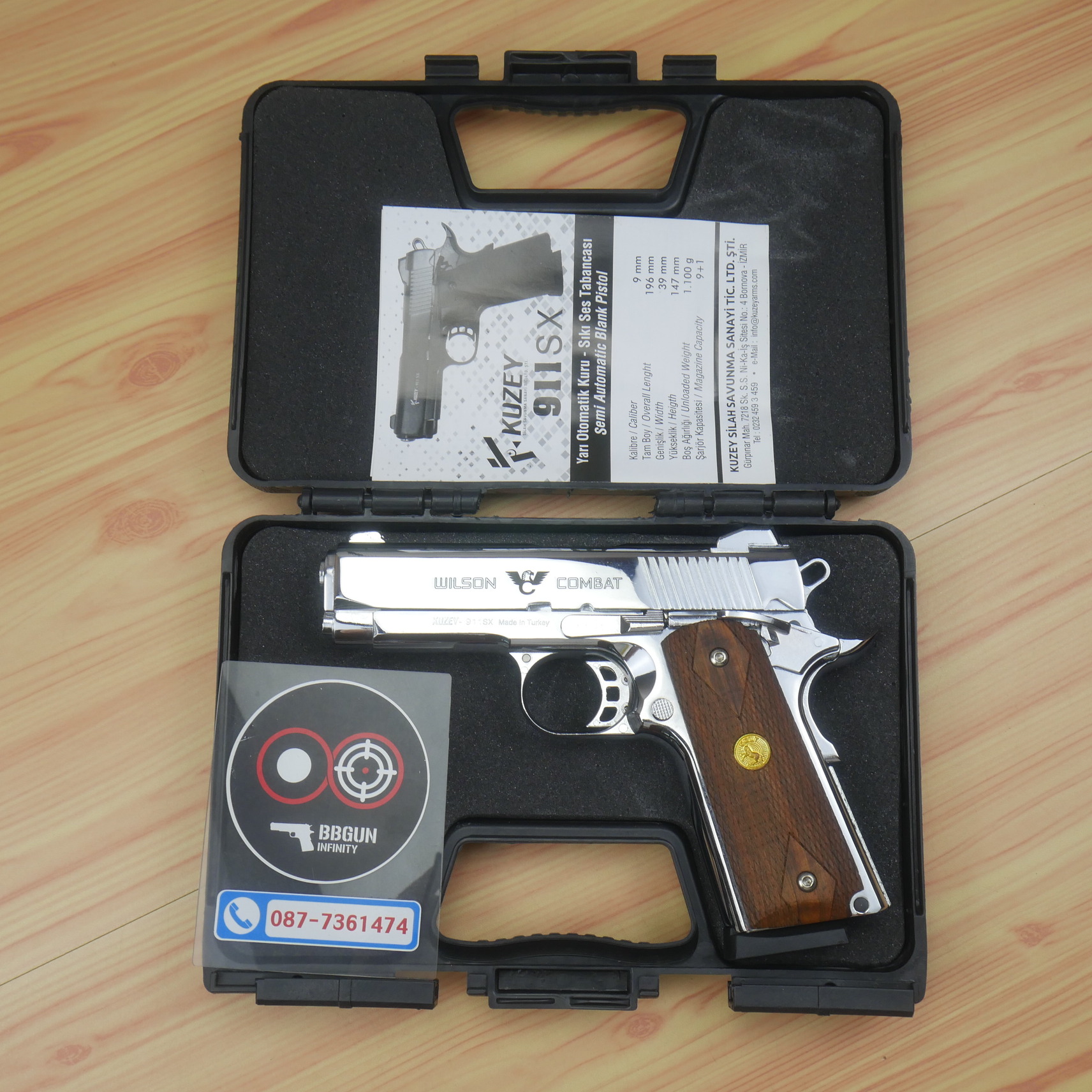 Blank Gun KUZEY M1911 WILSON COMBAT เงินเงา 4 นิ้ว แบลงค์กัน ด้ามไม้
