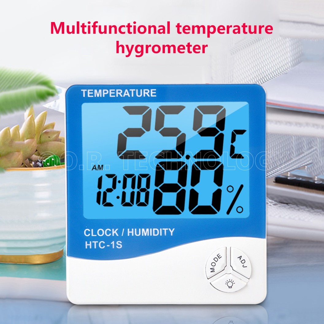(1ชิ้น) HTC-1S เครื่องวัดอุณหภูมิและความชื้น พร้อมนาฬิกา Electronic Hygrometer - Temperature and Humidity Meter with Clock