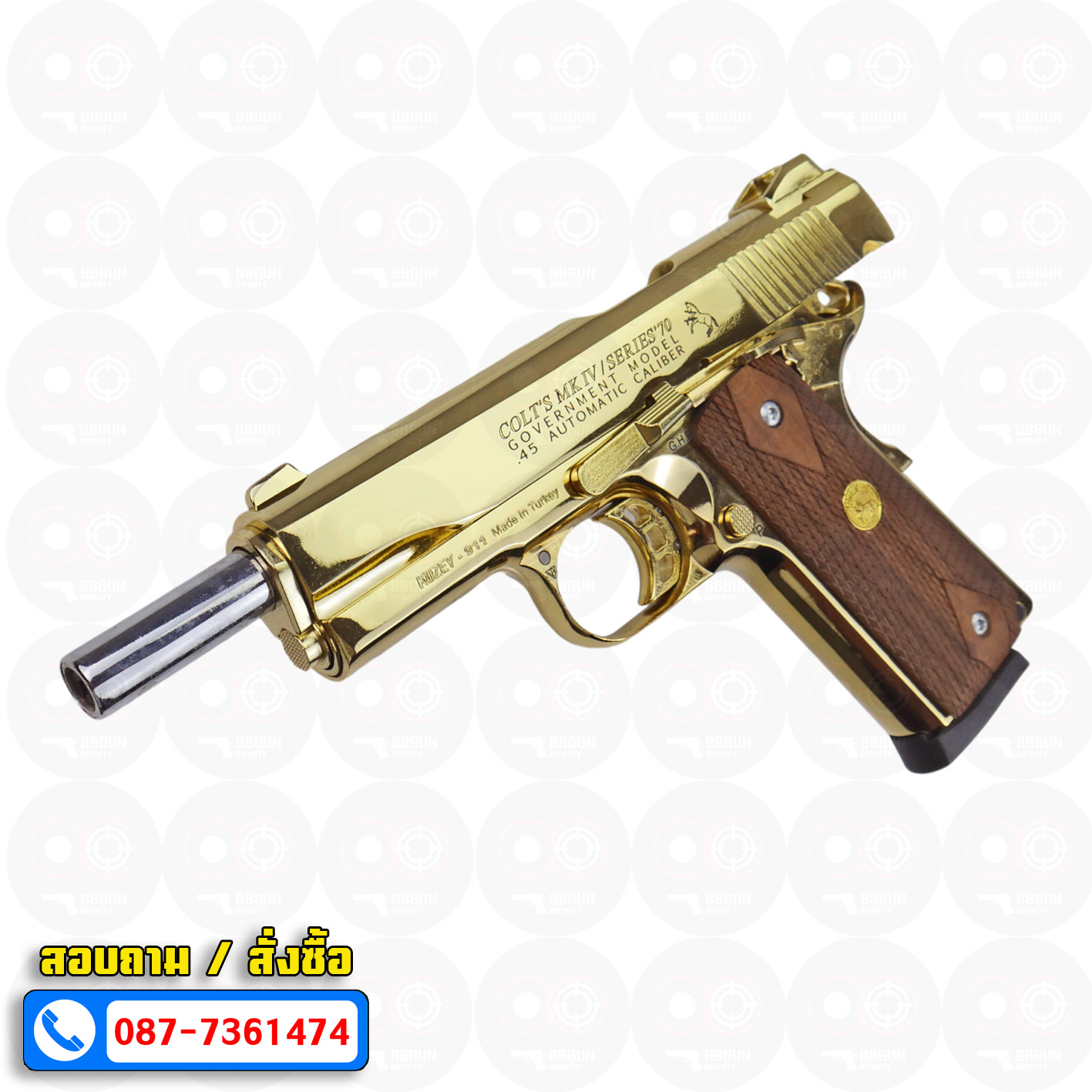 แบลงค์กัน KUZEY M1911 ลำ 5 นิ้ว COLT'S MK IV SERIES'70 blank gun สีทอง ด้ามไม้
