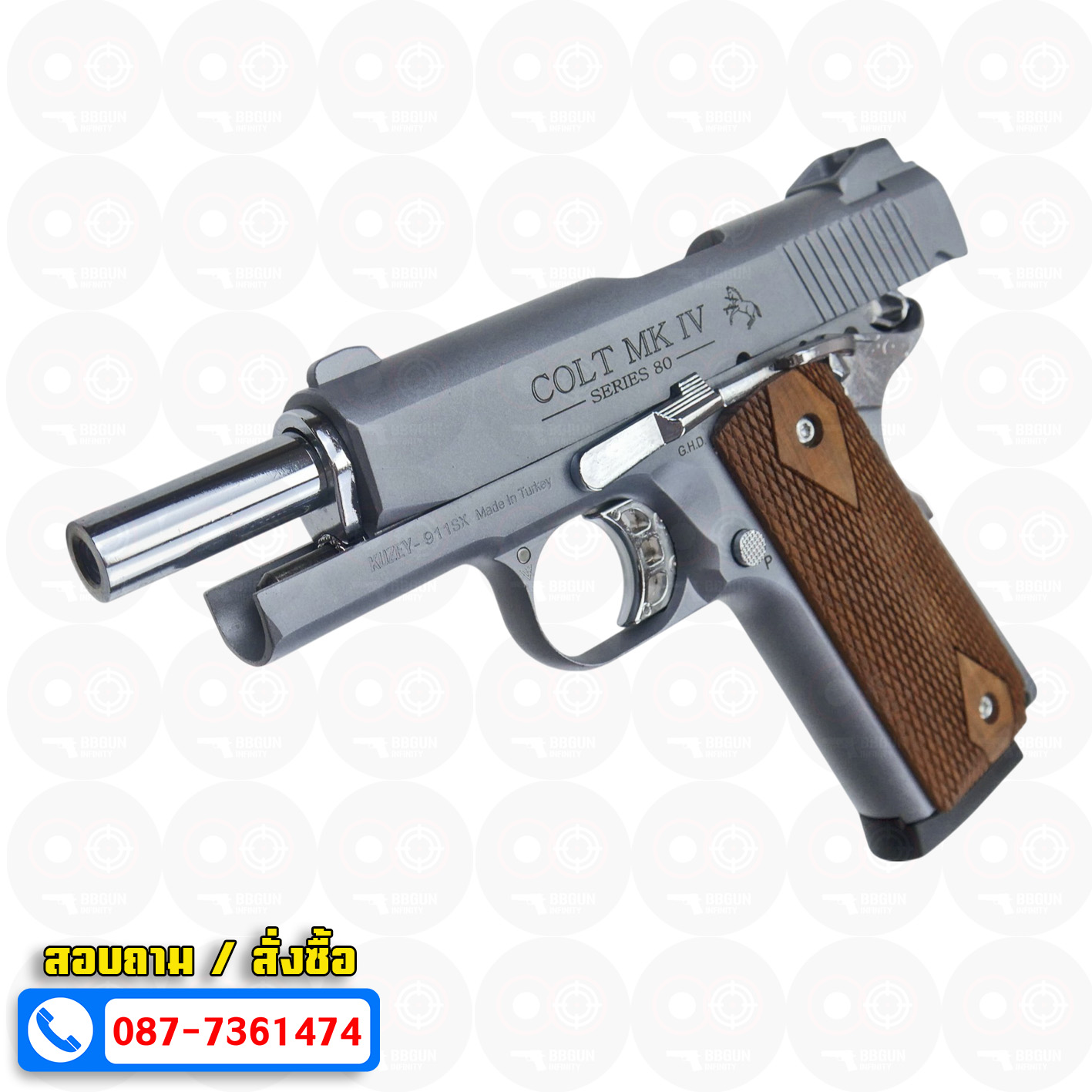 แบลงค์กัน KUZEY M1911 COLT MK IV SERIES 80 สีสโมค 4 นิ้ว ด้ามไม้ Blank Gun