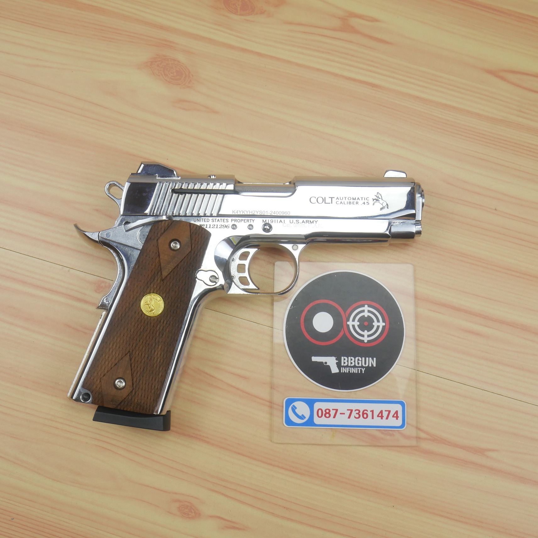 Blank Gun KUZEY M1911 COLT MK IV SERIES 80 ลำกล้อง 4 นิ้ว เงินเงา แบลงค์กัน ด้ามไม้ (แถมกล่องใส่ปืน)
