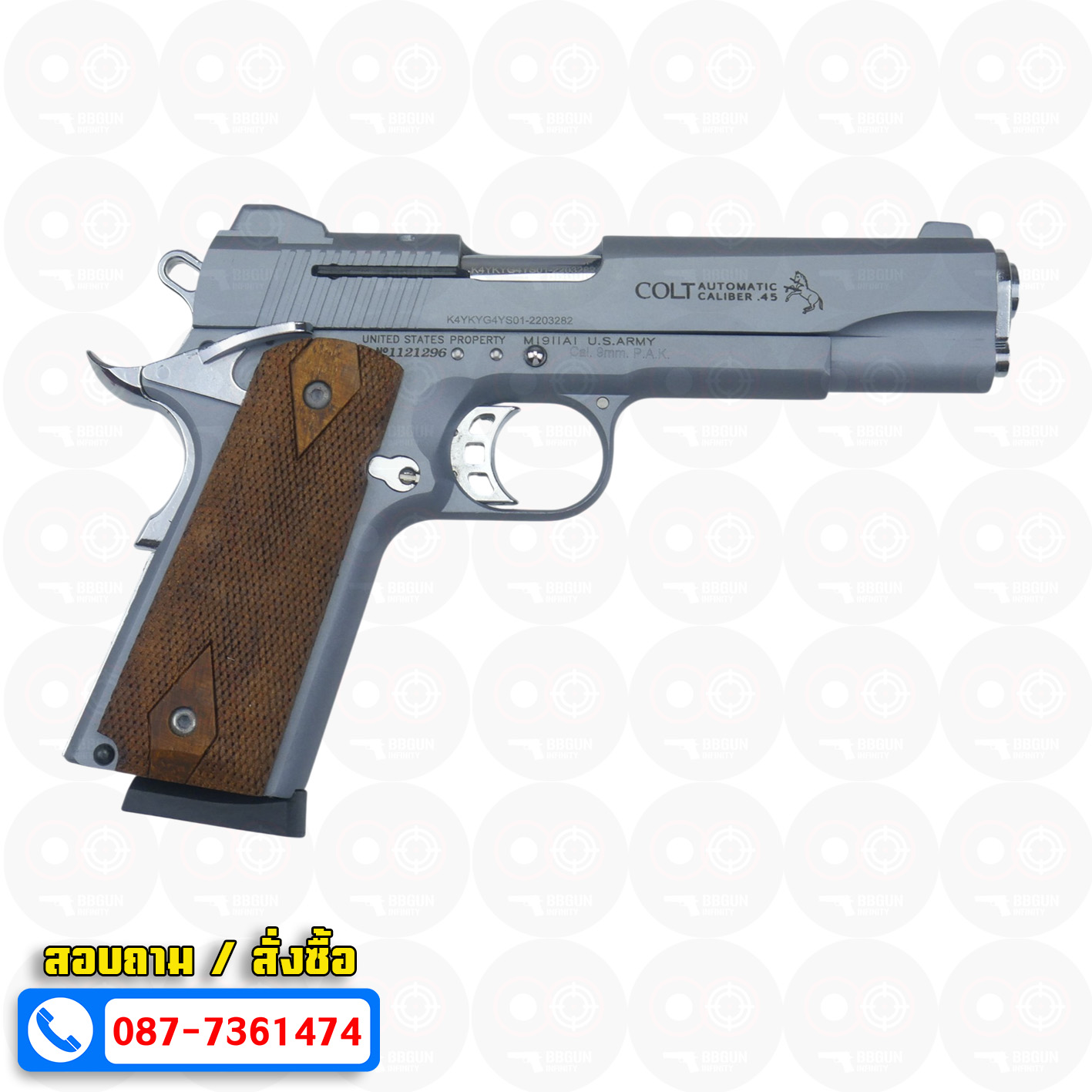 แบลงค์กัน KUZEY M1911 COLT'S MK IV SERIES'70 สีสโม๊ค 5 นิ้ว blank gun (smoke) ด้ามไม้