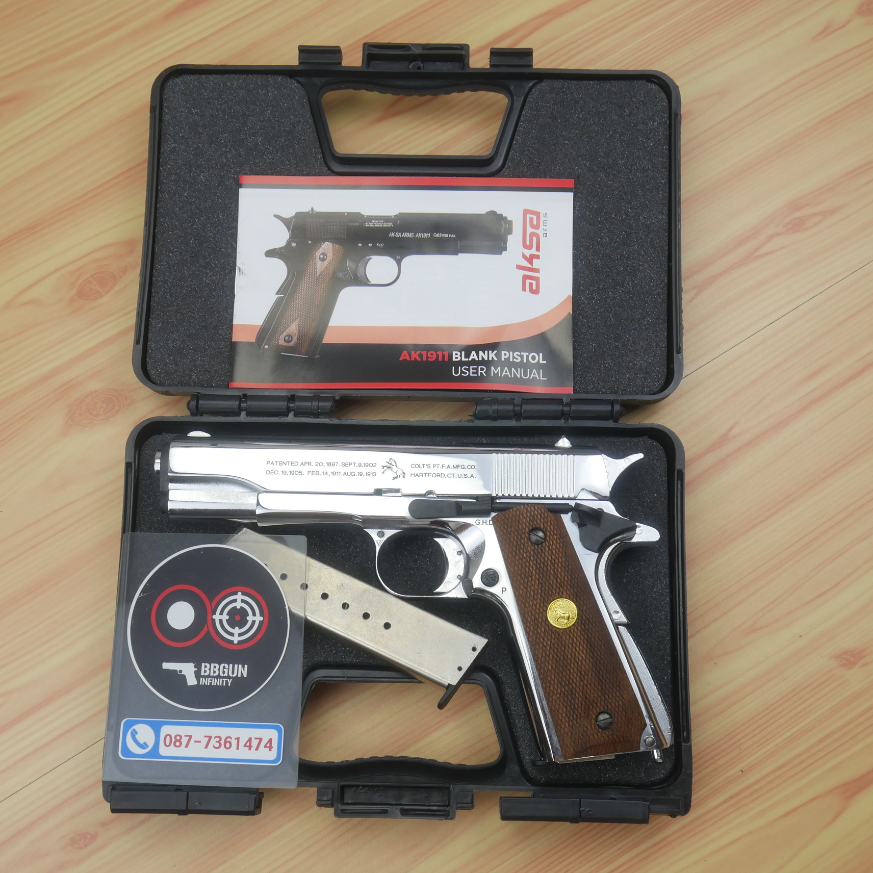 แบลงค์กัน AKSA Colt M1911A1 100 Years สีเงินเงา กริปไม้ (2 แม็กกาซีน) BLANK GUN