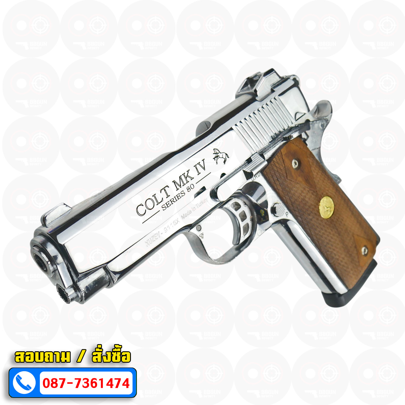 Blank Gun KUZEY M1911 COLT MK IV SERIES 80 ลำกล้อง 4 นิ้ว เงินเงา แบลงค์กัน ด้ามไม้ (แถมกล่องใส่ปืน)