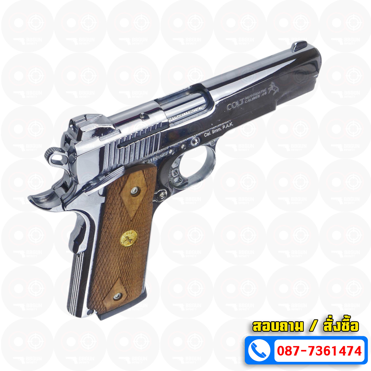 แบลงค์กัน KUZEY M1911 COLT MK IV SR70 สีเงินเงา 5 นิ้ว ด้ามไม้ (แถมกล่องใส่ปืน) blank gun