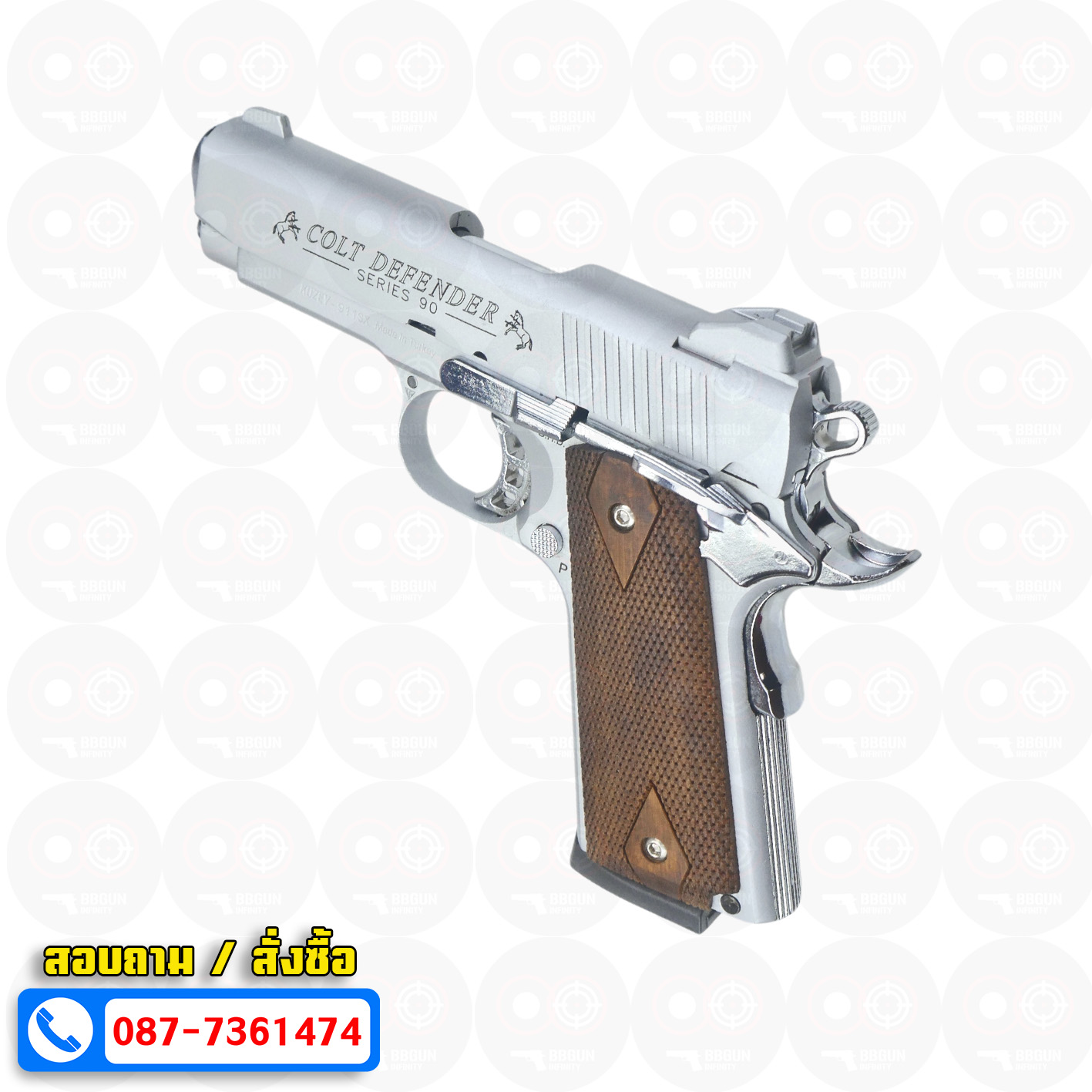 แบลงค์กัน KUZEY M1911 COLT'S DEFENDER SERIES 90 สีเงินด้าน 4 นิ้ว ด้ามไม้ Blank Gun