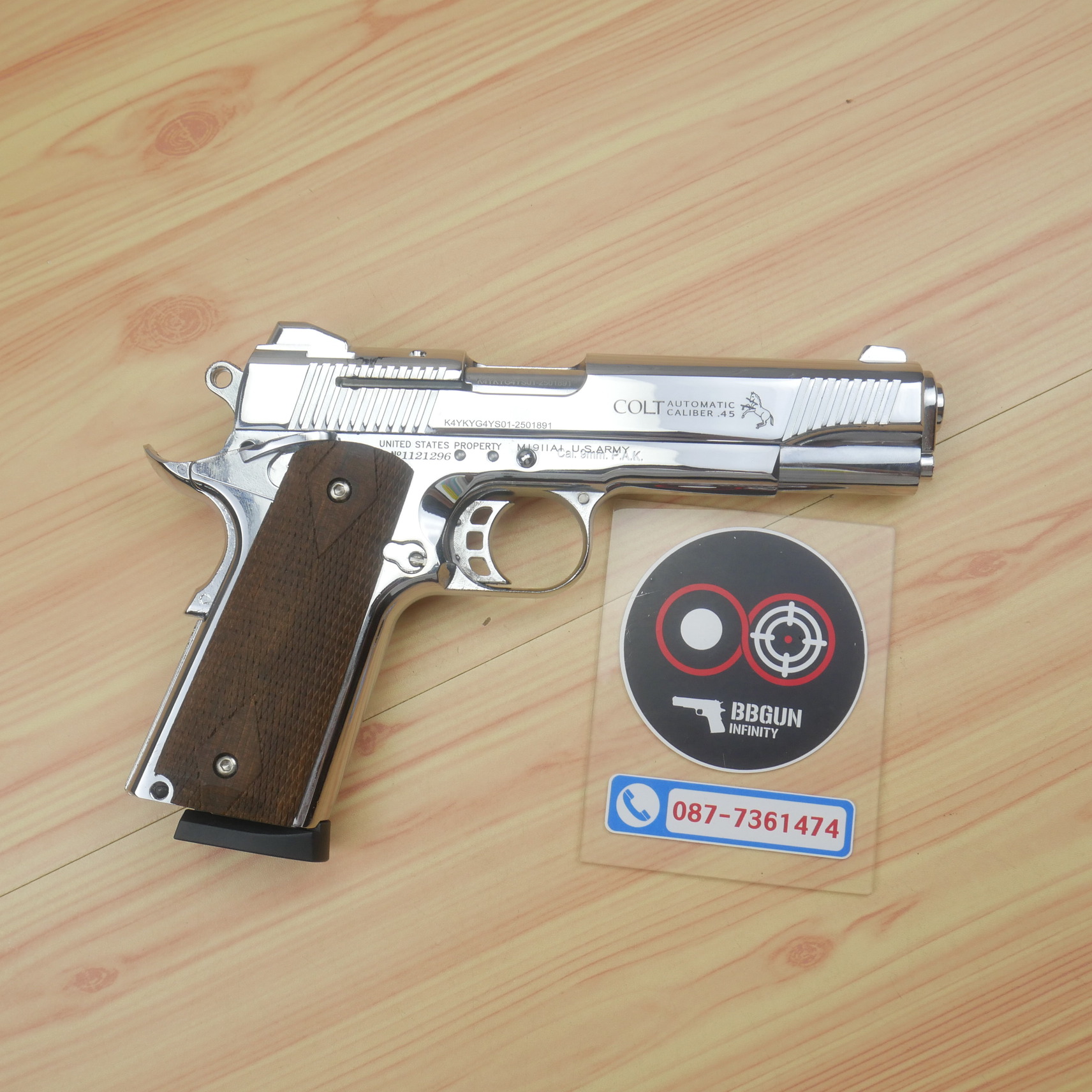 แบลงค์กัน KUZEY M1911 COLT MK IV SERIES 80 สีเงินเงา 5 นิ้ว ด้ามไม้ Blank Gun