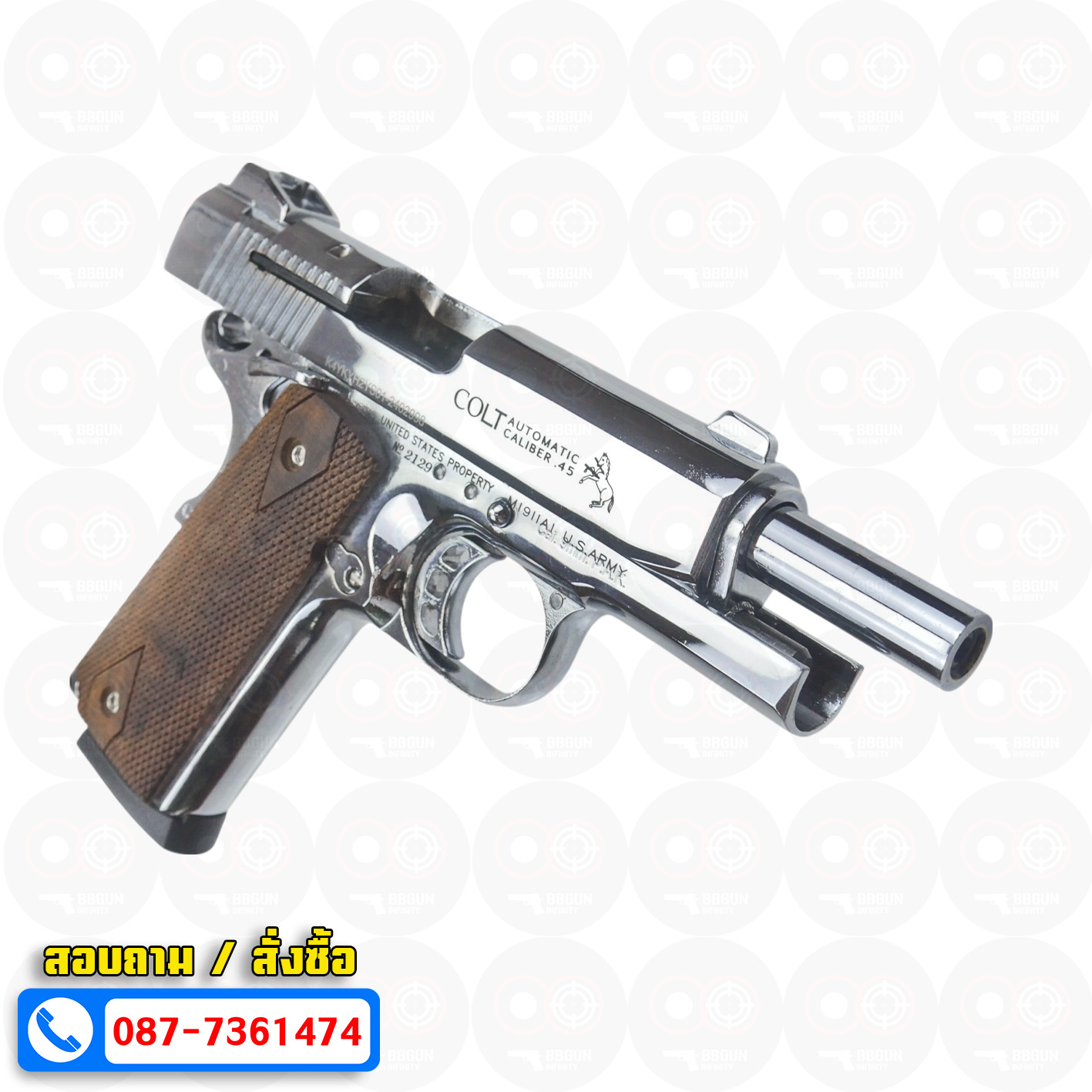 แบลงค์กัน KUZEY M1911 COLT MK IV SR70 สีเงินเงา 4 นิ้ว ด้ามไม้ blank gun