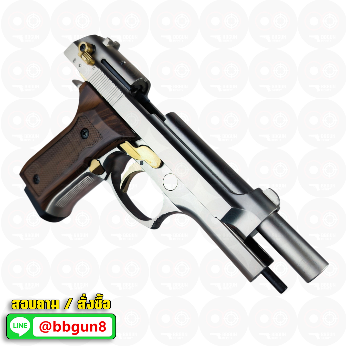 แบลงค์กัน BLOW F92 AUTO SATINA GOLDEN PARTS WOODEN GRIPS สีซาติน ไกทอง ด้ามลายไม้ Blank Gun ( 2 แม็กกาซีน + กล่องปืน )