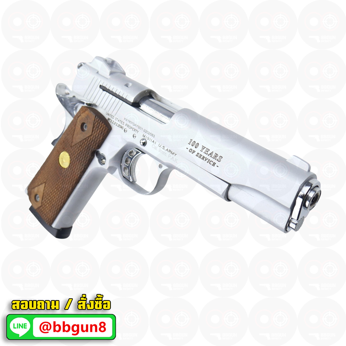 แบลงค์กัน KUZEY M1911 ลำกล้อง 5 นิ้ว COLT GOVERMENT 100 Year สีเงินด้าน blank gun ด้ามไม้