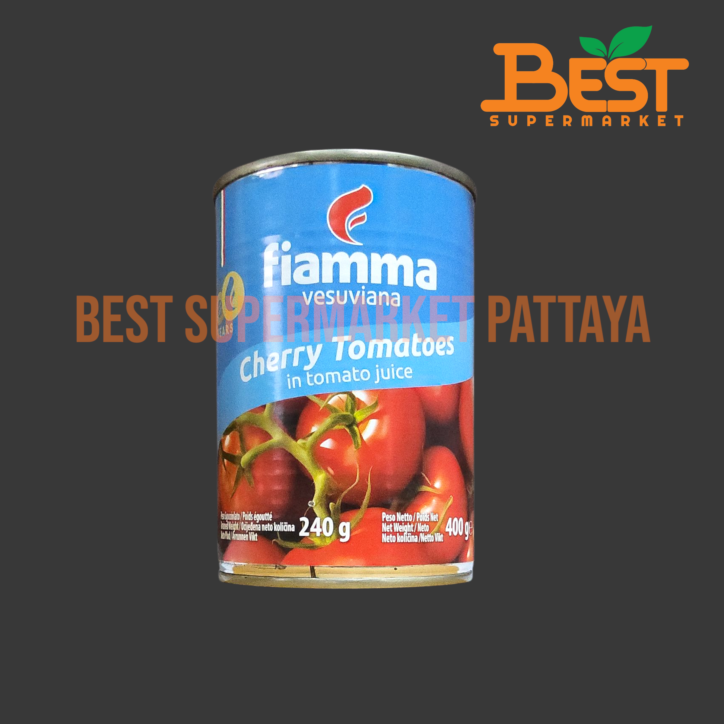 ไฟมมา มะเขือเทศเชอร์รี่ในน้ำมะเขือเทศ น้ำหนักสุทธิ 400 กรัม Fiamma Cherry Tomatoes in Tomato Juice 400 g.