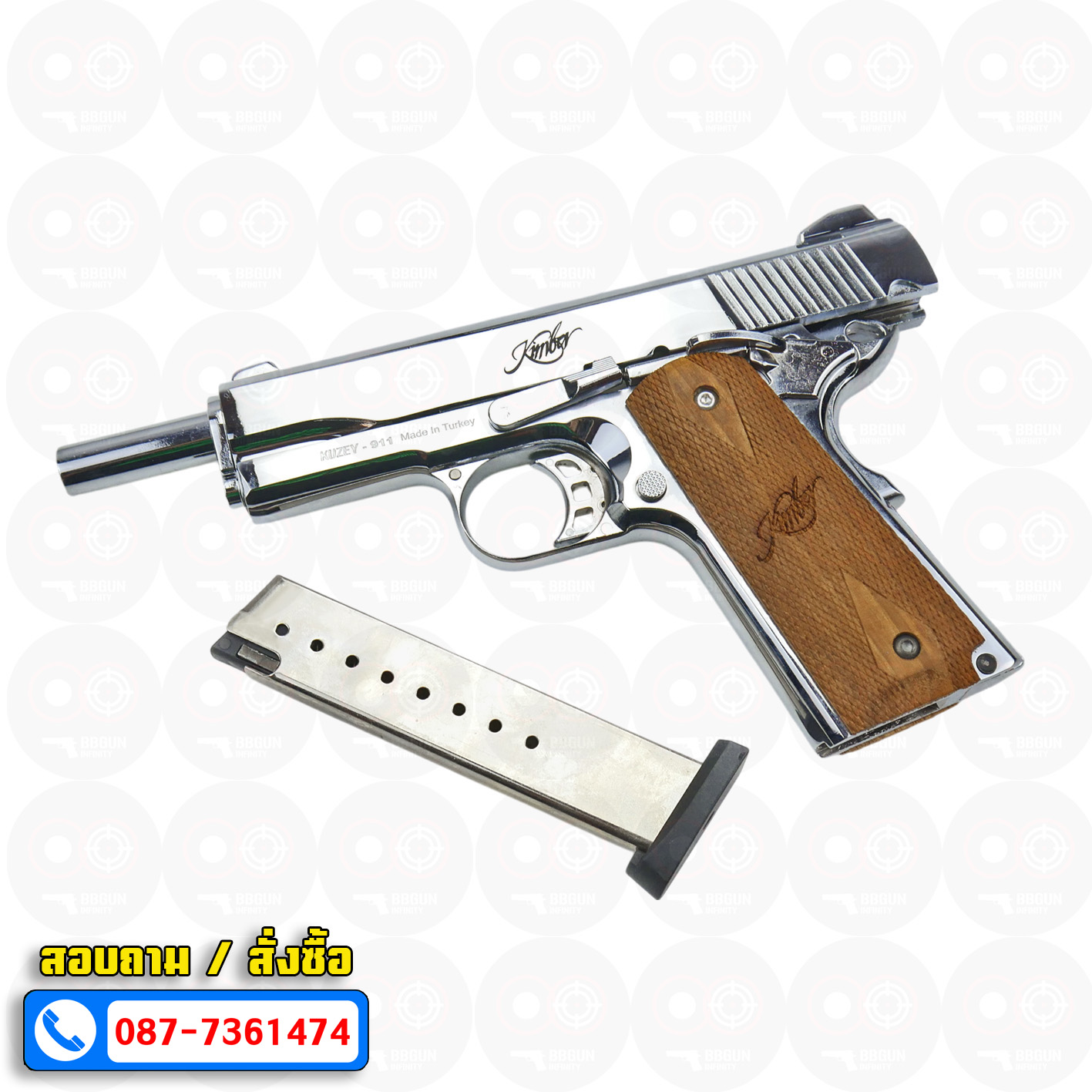 KUZEY M1911 KIMBER ลำกล้อง 5 นิ้ว blank gun สีเงินเงา แบลงค์กัน (แถมกล่องใส่ปืน)