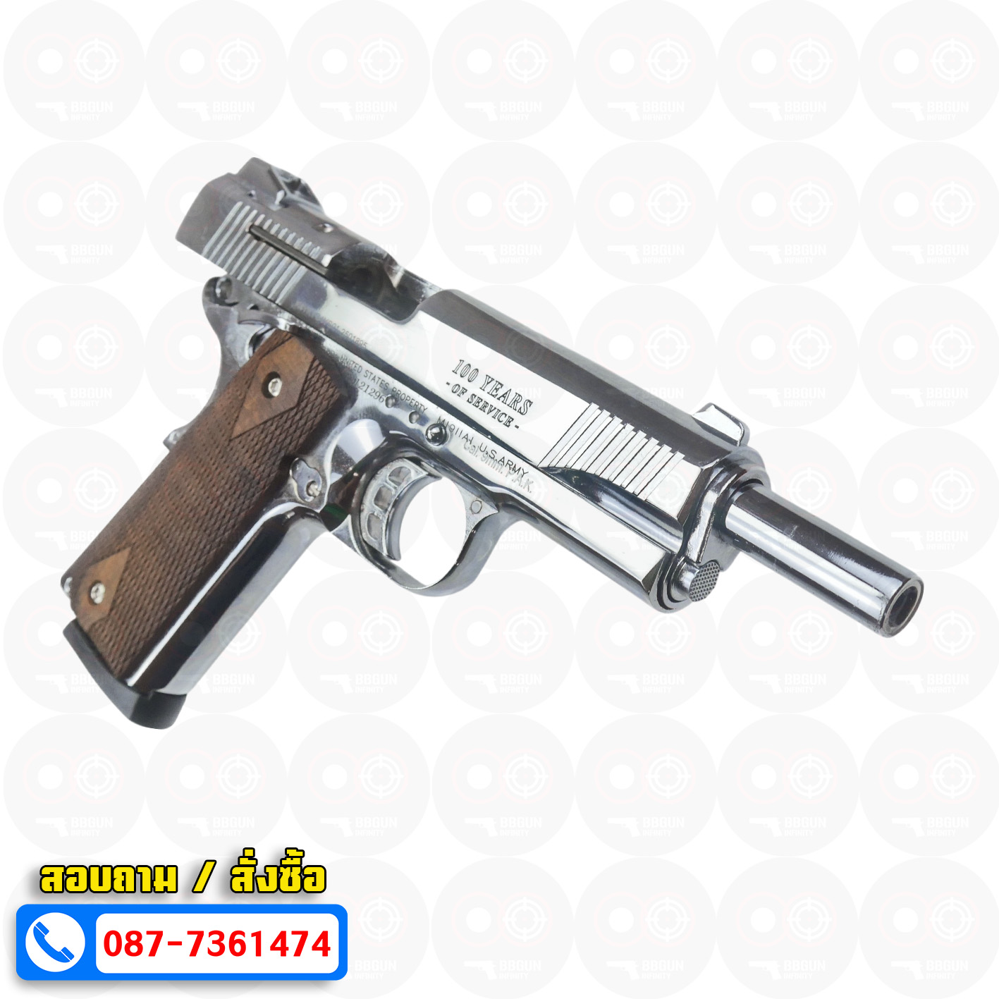 แบลงค์กัน KUZEY M1911 COLT GOVERMENT 100 Year เงินเงา 5 นิ้ว ด้ามไม้ blank gun