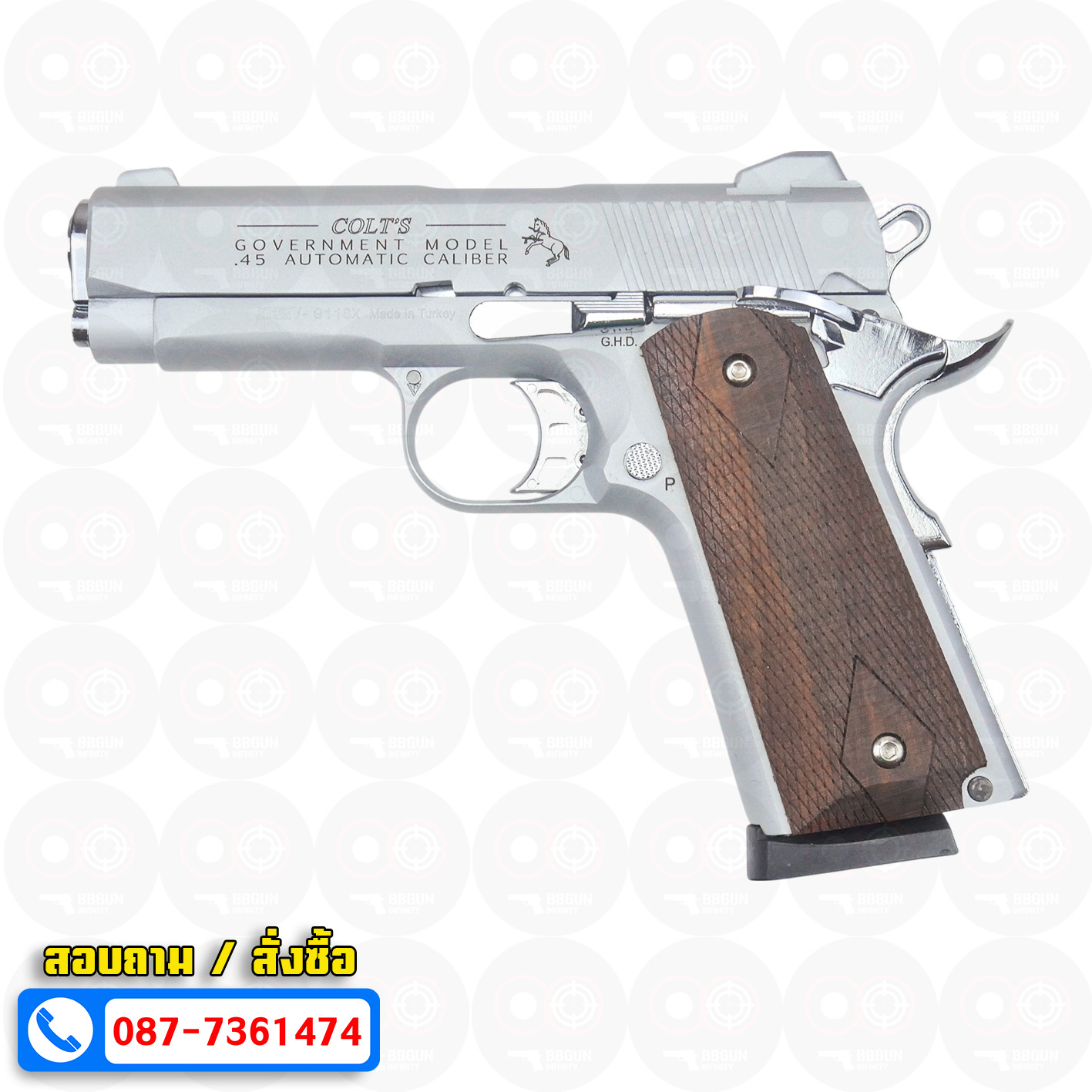 แบลงค์กัน KUZEY M1911 COLT GOVERMENT 100 Year เงินด้าน 4 นิ้ว ด้ามไม้ blank gun