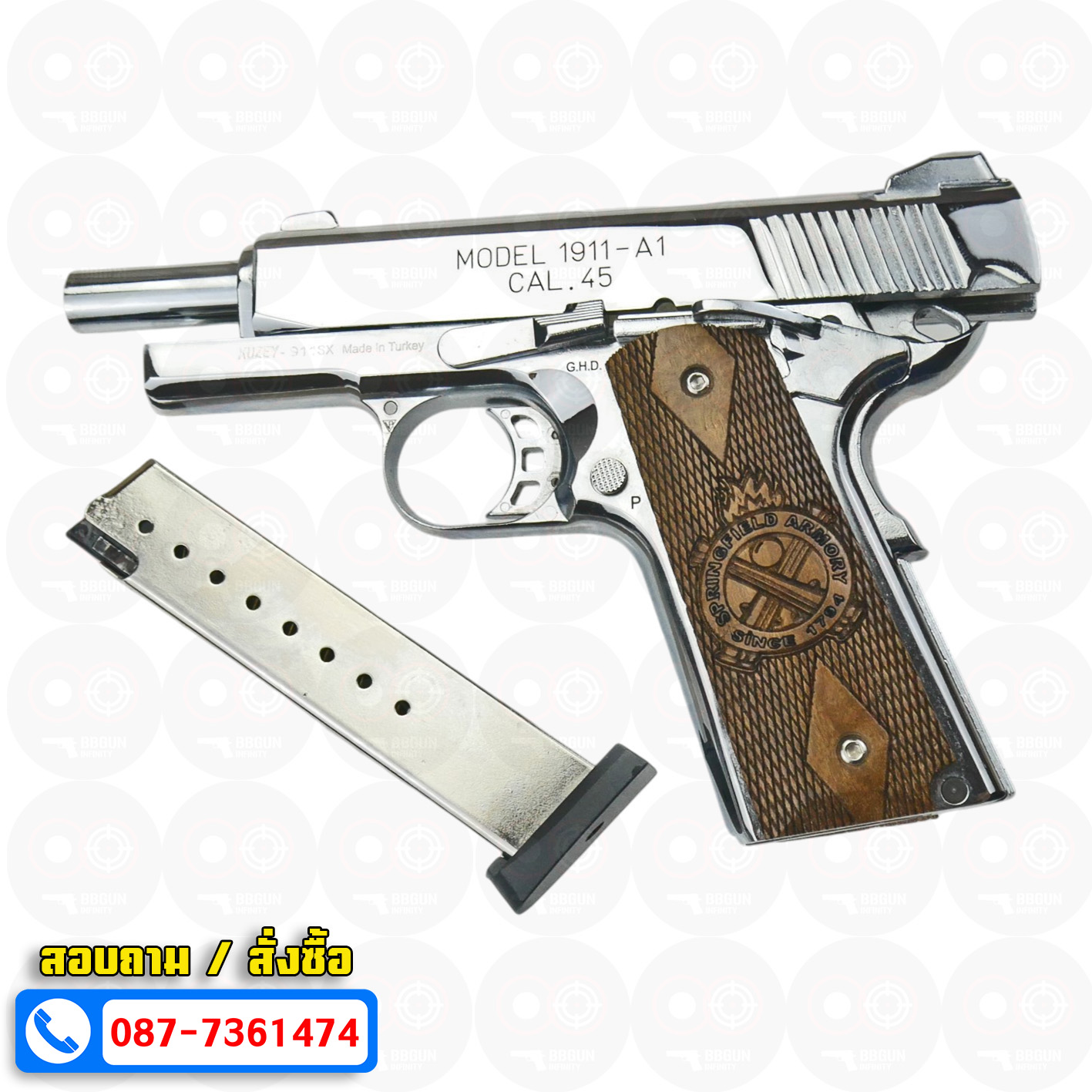 แบลงค์กัน KUZEY M1911-A1 ลำกล้อง 4 นิ้ว SPRINGFIELD ARMORY สีเงินเงา blank gun ด้ามไม้ (แถมกล่องใส่ปืน)