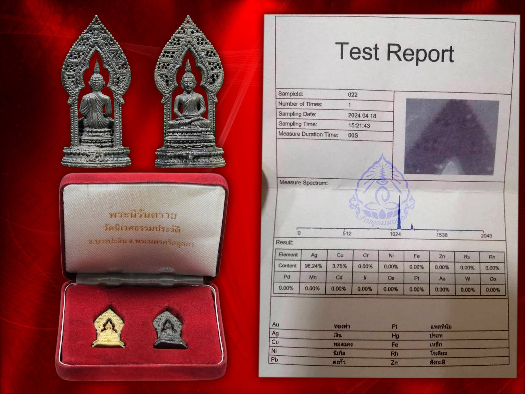 พระนิรันตราย เนื้อเงิน + กาไหล่ทอง ชุดกรรมการ ปี 2557 วัดนิเวศธรรมประวัติ จังหวัดพระนครศรีอยุธยา เนื้อเงิน 96.24% ทองแดง 3.75 นับว่าสูงมาก ครับ